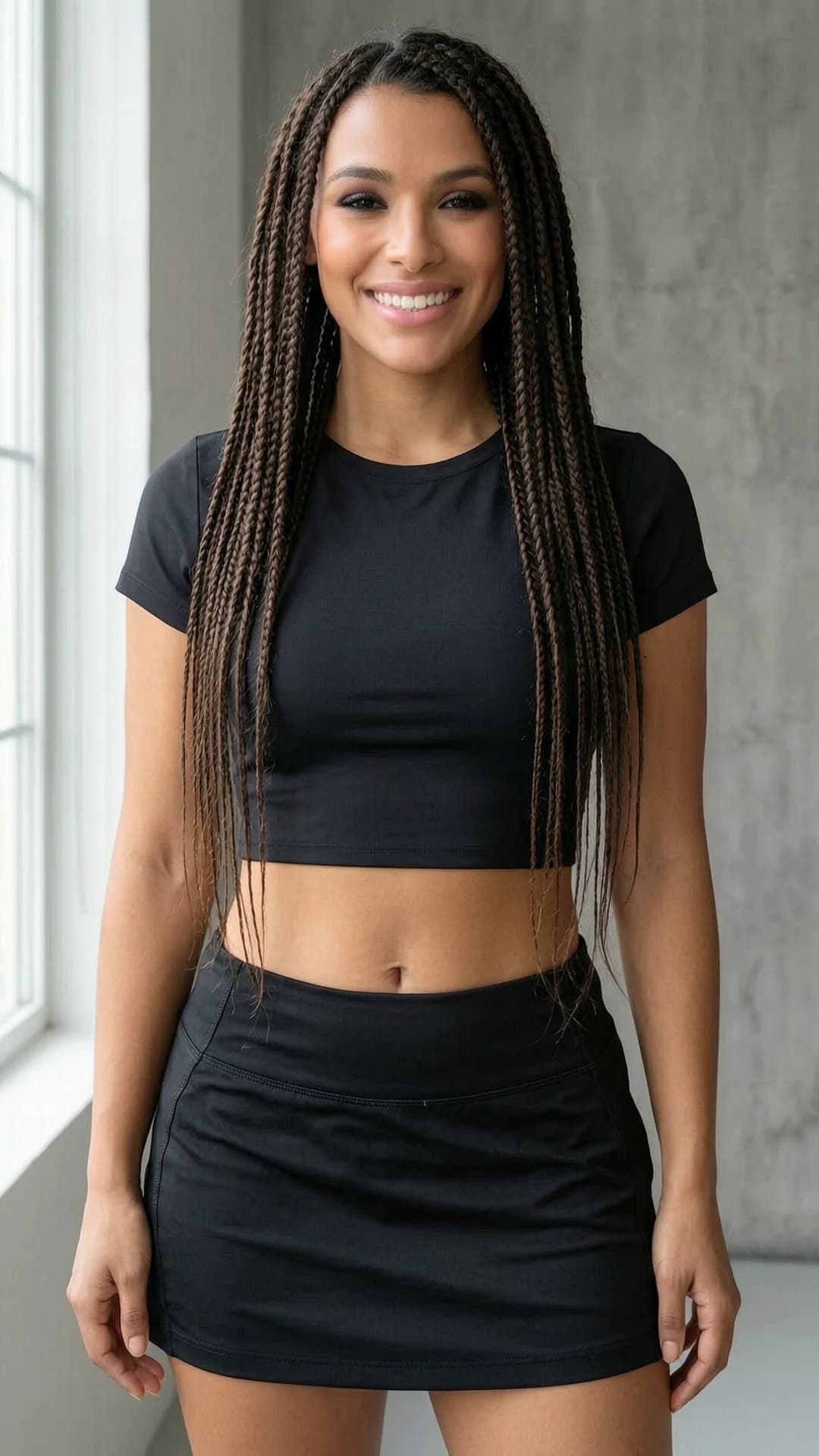 A 24-year-old Latina woman with a fit body, long brunette braids, and brown eyes, wearing a short black tennis skirt and a fitted crop top shirt, standing in a confident upright pose with shoulders back and hips slightly angled toward the viewer in a neutral indoor studio setting with soft natural window lighting, medium close-up portrait from a direct front angle, looking straight at the viewer with a bright genuine smile, warm direct eye contact and joyful expression with lips gently parted, realistic style, flawless anatomy, no extra digits, no extra limbs, realistic skin texture, high-detail.