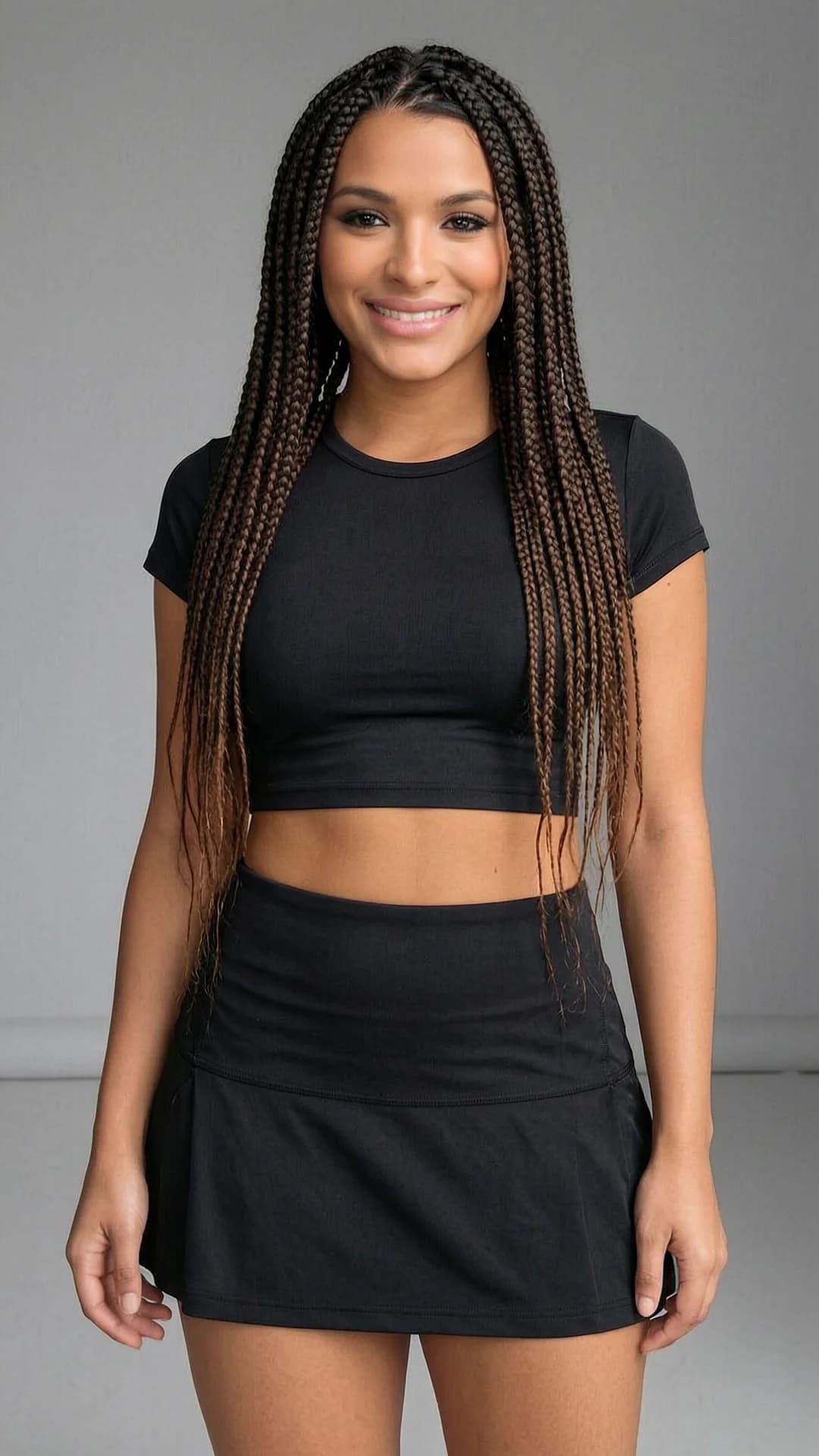 A 24-year-old Latina woman with a fit body, long brunette braids, and brown eyes, wearing a short black tennis skirt and a fitted crop top shirt, standing in a confident upright pose with shoulders back and hips slightly angled toward the viewer in a neutral indoor studio setting with soft natural window lighting, medium close-up portrait from a direct front angle, looking straight at the viewer with a bright genuine smile, warm direct eye contact and joyful expression with lips gently parted, realistic style, flawless anatomy, no extra digits, no extra limbs, realistic skin texture, high-detail.