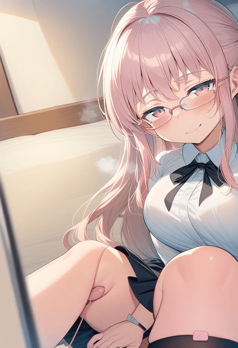 Wearing short knee-high pleated skirt and a blouse, portrait picture, looking at the viewer with a smile, blushing face while panting (heavy breathing), half closed eyes, vibrator cord discreetly slightly seems, wearing an elegant knee-length skirt