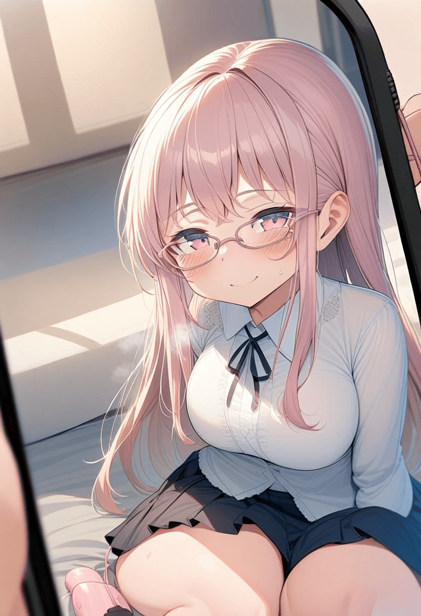 Wearing short knee-high pleated skirt and a blouse, portrait picture, looking at the viewer with a smile, blushing face while panting (heavy breathing), half closed eyes, vibrator cord discreetly slightly seems, wearing an elegant knee-length skirt