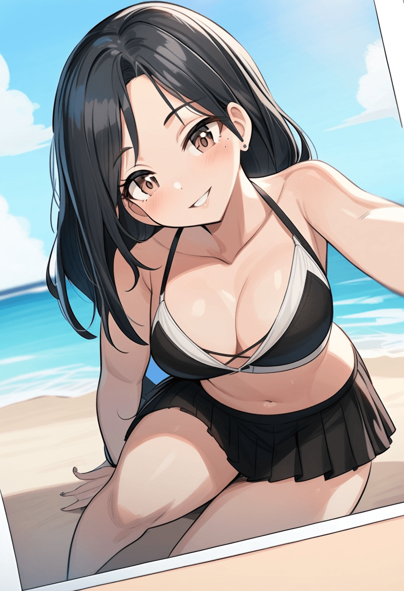 Wearing short black tennis skirt and a crop top shirt, portrait picture, looking at the viewer with a smile, wearing a stylish bikini on the beach