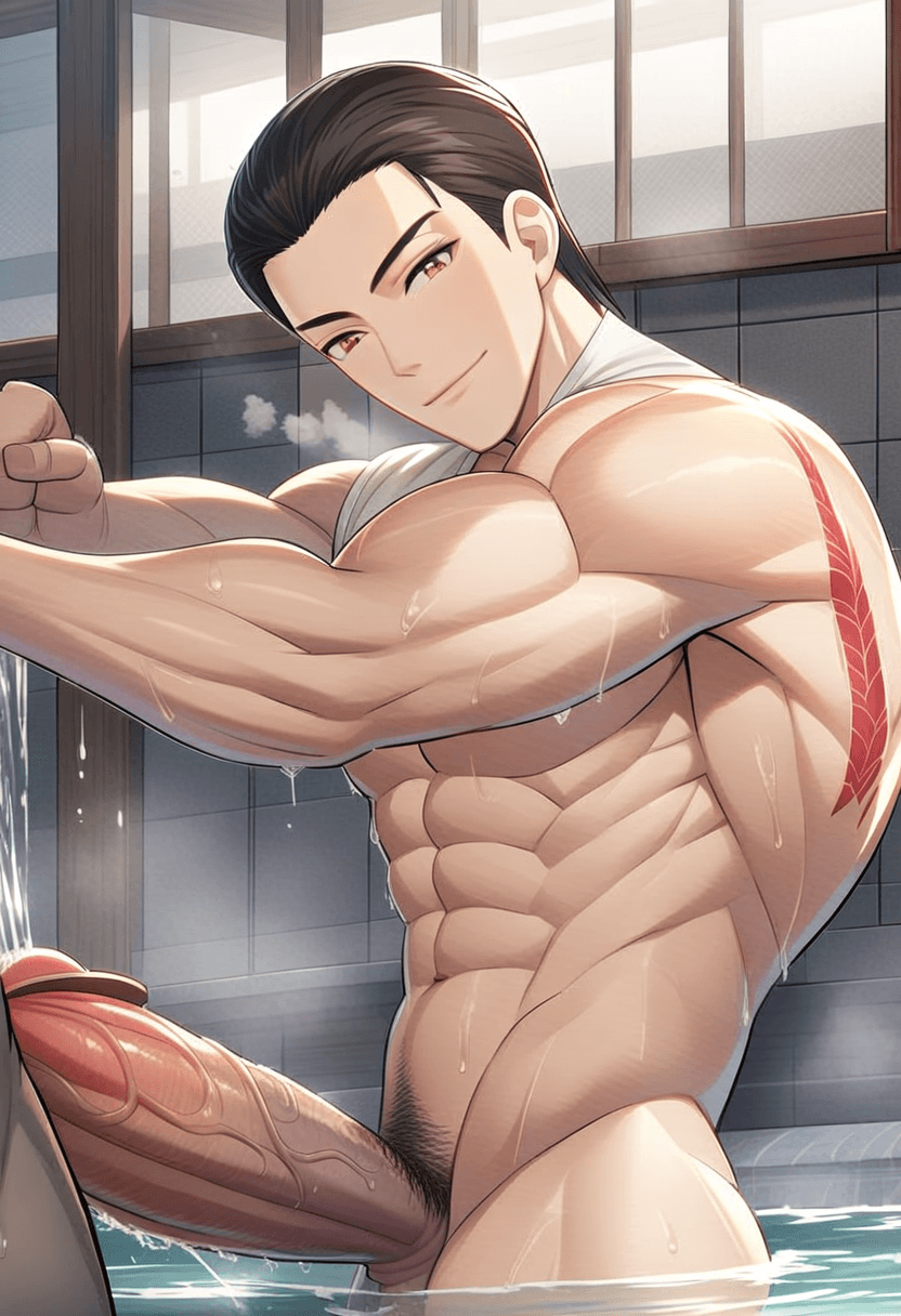 handsome 24-year-old caucasian man, anime style, full body view, explicit shot in steamy shower, naked muscular wide body, soaping his huge erect penis and abs, water running down his chiseled abs, detailed pubic hair, tattoos on arms and chest, high-resolution pornographic quality, nsfw, intricate details on wet skin and anatomy, aroused expression, dynamic pose, vibrant colors, anime shading, realistic water droplets, foggy steam atmosphere, mid-workout pose flexing muscles, showing athletic physique