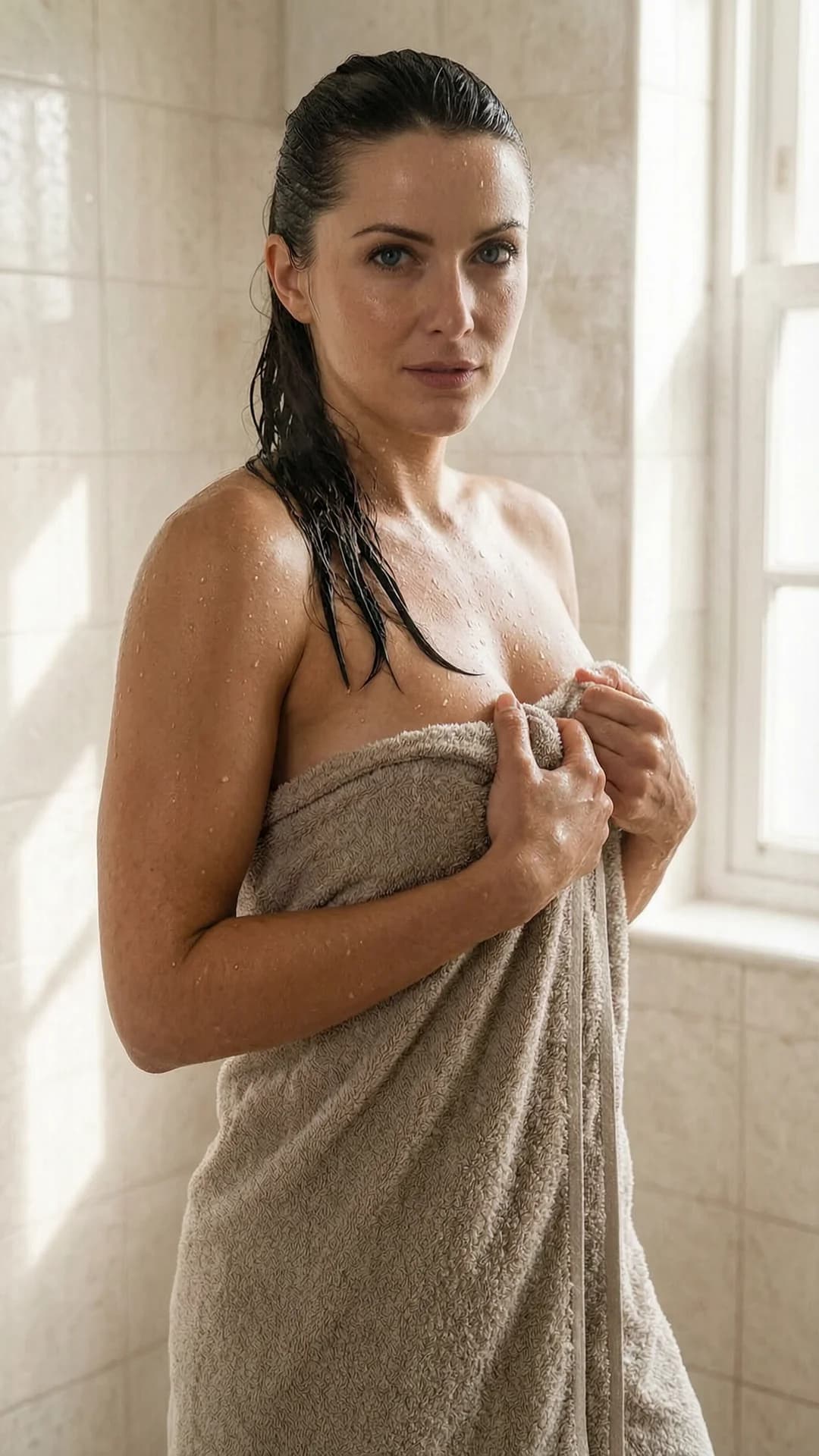 A 30-year-old Caucasian woman with a muscular build, blue eyes, and wet brunette hair in a ponytail draped over one shoulder, standing just out of the shower in a steamy bathroom with soft natural light filtering through, her glistening wet skin covered in water droplets and subtle sheen highlighting toned muscles and curves along with natural pubic hair at the towel edge, holding a towel up with one hand to strategically cover her breasts and pussy while the other hand presses the towel firmly against her body, body slightly angled with weight on one leg, direct intense eye contact with the viewer showing confident seductive allure and lips parted, front-facing medium close-up at eye level, realistic style, Flawless anatomy, no extra digits, no extra limbs, realistic skin texture, high-detail.