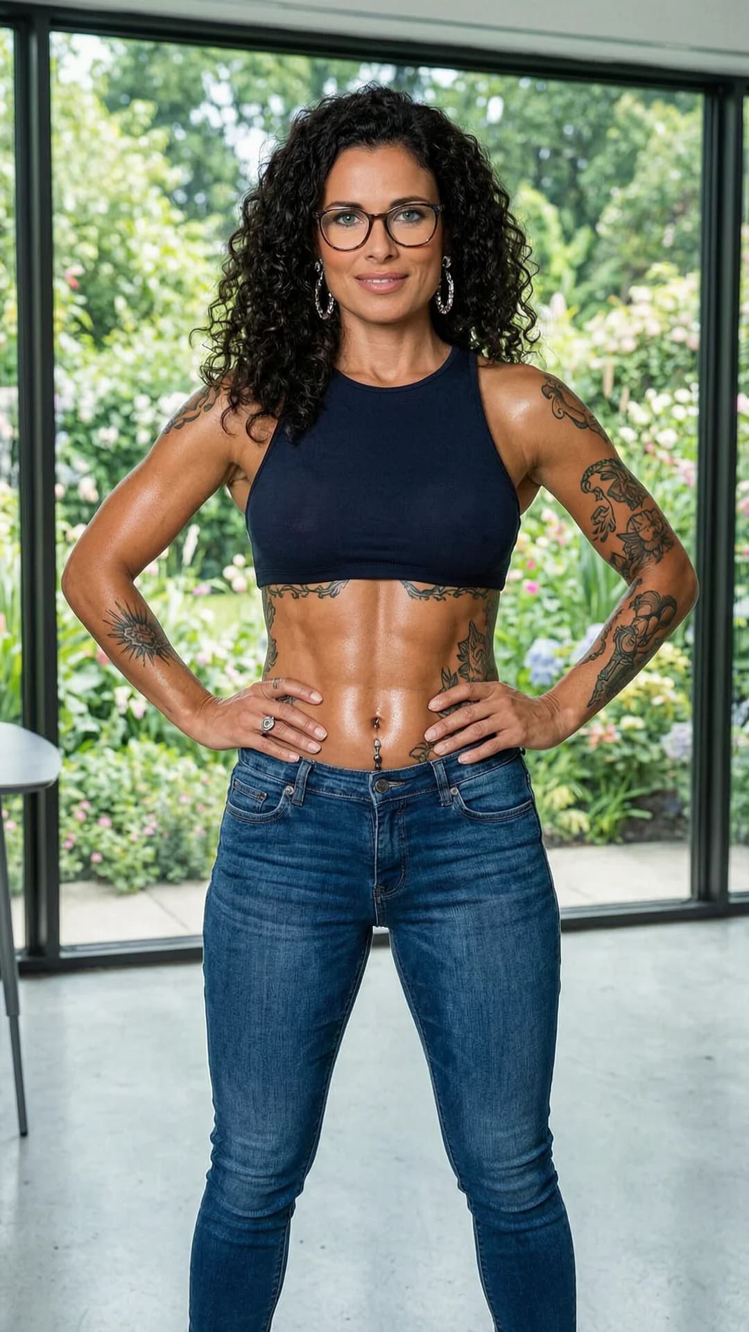 A 32-year-old muscular Latina woman with curly brunette hair, green eyes, wearing stylish glasses and beautiful earrings, standing confidently in a full body frontal eye-level shot inside a modern office with large windows overlooking a lush beautiful garden filled with flowers, wearing fitted blue jeans that hug her toned legs and a cropped top revealing her belly piercings along with visible artistic tattoos across her arms and midriff, hands planted firmly on hips in a powerful stance, intense direct eye contact with confident empowered expression and slight smile, natural daylight illuminating her muscular body with visible skin sheen and tension, realistic style, Flawless anatomy, no extra digits, no extra limbs, realistic skin texture, high-detail.