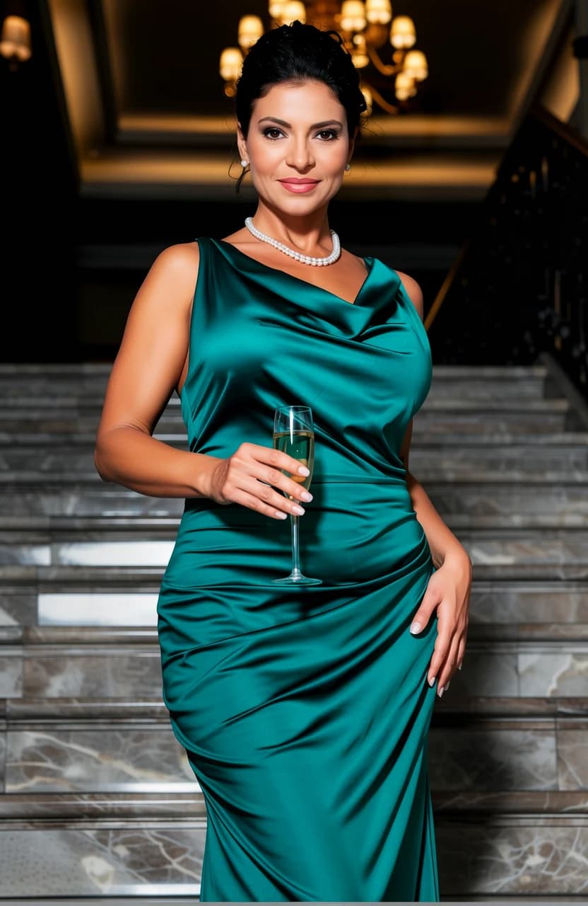 45-year-old Latina woman with muscular body type, black curly hair in an elegant updo, rich brown eyes, sophisticated and confident demeanor, standing tall on a grand marble staircase at a luxury venue with opulent chandelier lighting casting glamorous golden highlights and dramatic shadows creating a high-fashion atmosphere, wearing a form-fitting flowing emerald evening gown that accentuates her toned muscular physique with subtle sheen on the silk fabric draping elegantly over her curves, pearl necklace and earrings glistening, holding a delicate champagne glass in one hand with poised fingers, confident posture with chest lifted, one hand on hip, legs slightly apart for powerful stance, medium close-up from low front angle looking up to emphasize her commanding presence, intense direct eye contact with the viewer conveying sultry confidence and allure, lips slightly parted in a knowing smile, soft skin glow under warm lighting with subtle muscle definition and tension in arms and shoulders, flawless anatomy, no extra digits, no extra limbs, realistic skin texture, high-detail.