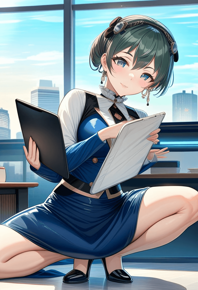 24-year-old caucasian woman, confident businesswoman, fit body type, athletic curves, energetic presence, sophisticated makeup, styled hair, wearing a tailored navy blue power suit, sitting at an executive desk, holding a tablet, warm, bright smile, looking at viewer, modern corner office, city skyline view through floor-to-ceiling windows, professional headshot style, photorealistic, high detail, full body, sitting casually, relaxed pose, standing confidently, full body shot, squatting position, athletic pose, kneeling pose, elegant position, wearing a sleek latex skirt, dining at an elegant restaurant, in a classroom environment