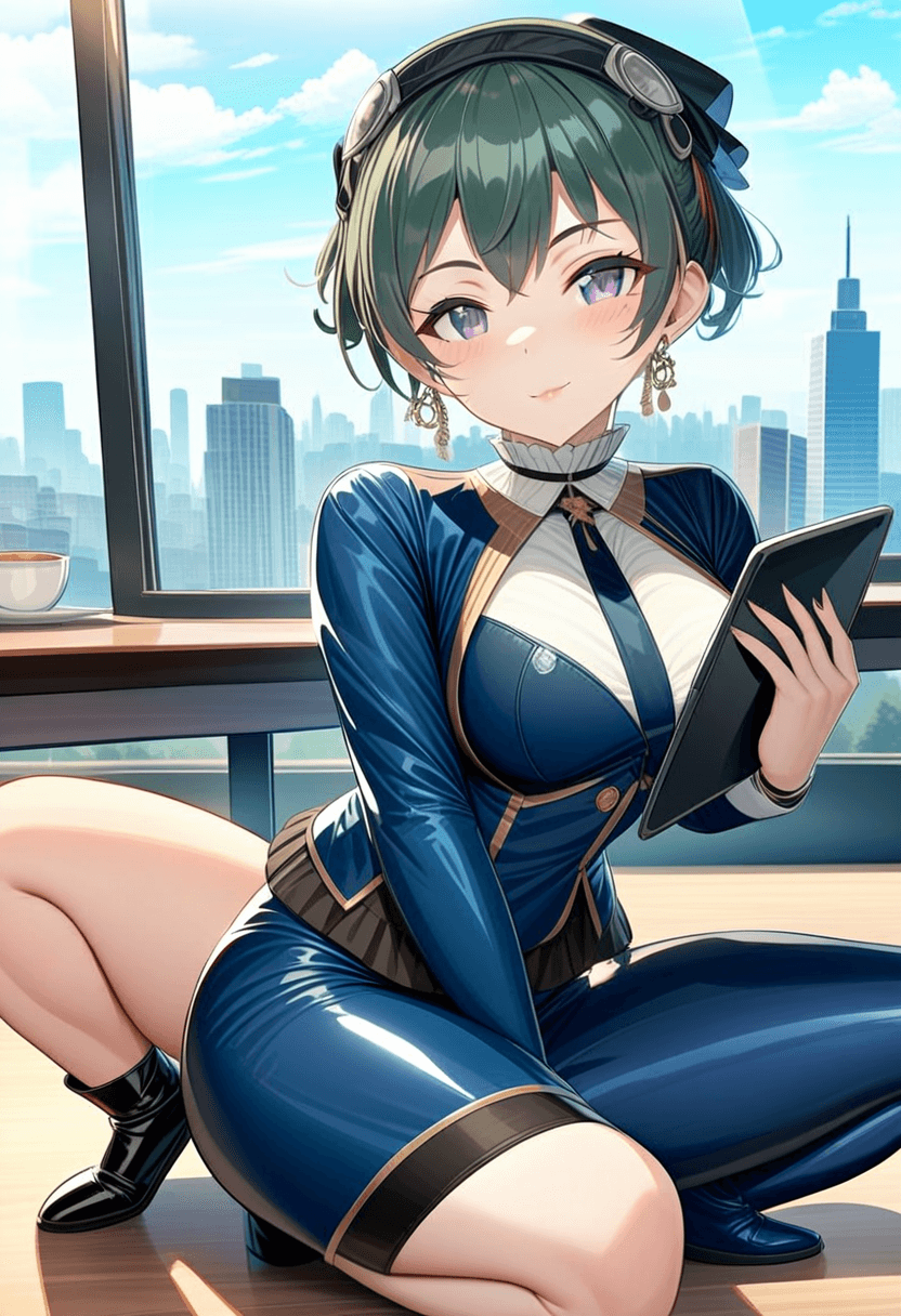 24-year-old caucasian woman, confident businesswoman, fit body type, athletic curves, energetic presence, sophisticated makeup, styled hair, wearing a tailored navy blue power suit, sitting at an executive desk, holding a tablet, warm, bright smile, looking at viewer, modern corner office, city skyline view through floor-to-ceiling windows, professional headshot style, photorealistic, high detail, full body, sitting casually, relaxed pose, standing confidently, full body shot, squatting position, athletic pose, kneeling pose, elegant position, wearing a sleek latex skirt, dining at an elegant restaurant, in a classroom environment