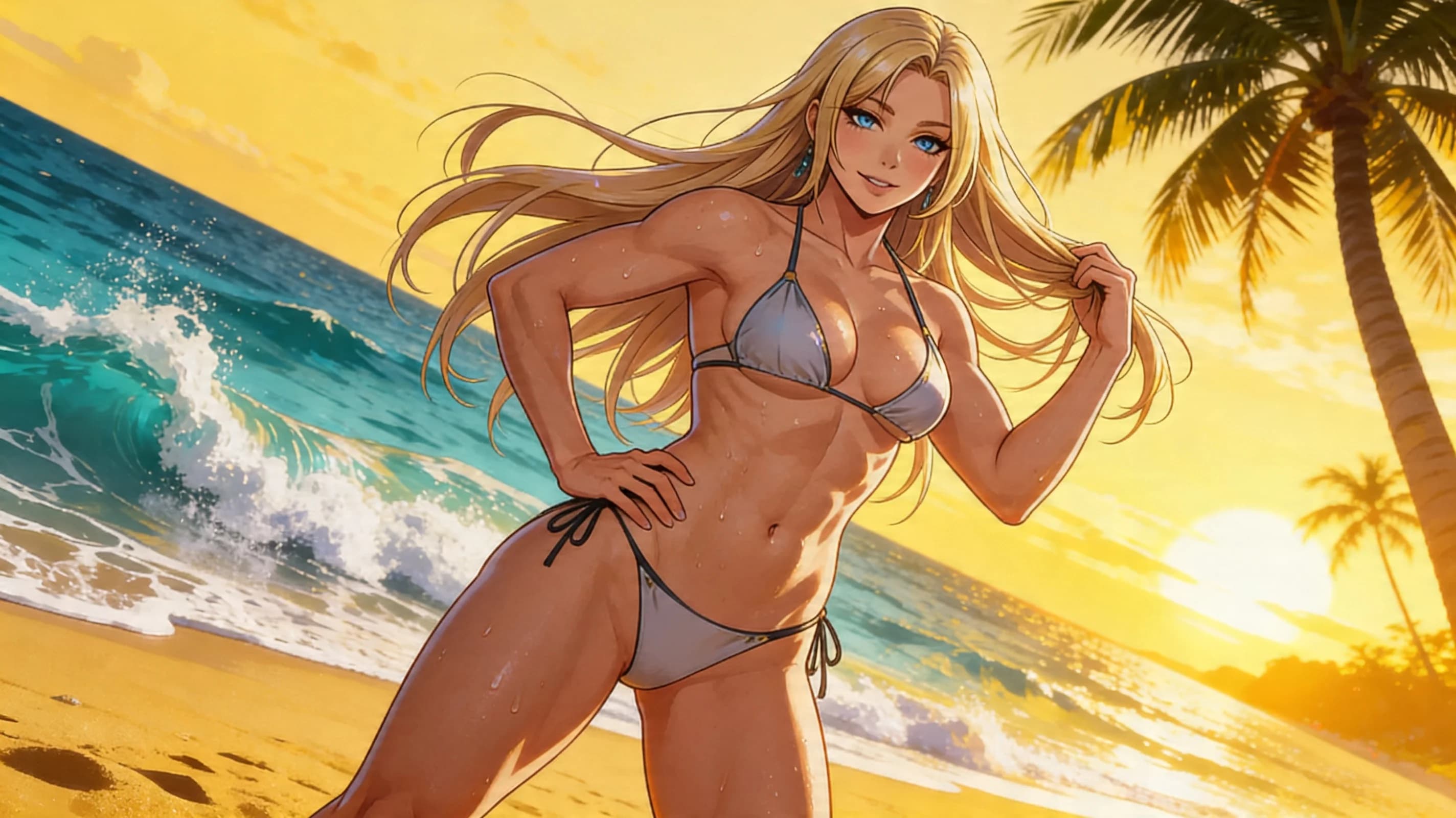 24-year-old Asian woman with long blonde hair, striking blue eyes, and muscular athletic body, standing confidently on a sunny tropical beach with golden sand, turquoise waves crashing in the background and palm trees swaying, wearing a stylish skimpy bikini that hugs her toned abs and curves with natural fabric folds and slight sheen from ocean mist, dynamic pose with one hand on hip and the other brushing back her flowing hair, legs slightly apart showcasing powerful thighs, breasts perky and firm under the bikini top with subtle bounce from sea breeze, skin glowing with light sweat drops and sun-kissed sheen, playful seductive mood, medium close-up from low beach-level angle looking up for empowering perspective, intense upward eye contact with sparkling blue eyes full of flirty confidence and parted glossy lips in a teasing smile, vibrant atmospheric lighting with golden hour sunset casting warm glows and soft shadows, anime style, high-quality illustration, Flawless anatomy, no extra digits, no extra limbs, detailed anime shading, high-quality illustration.