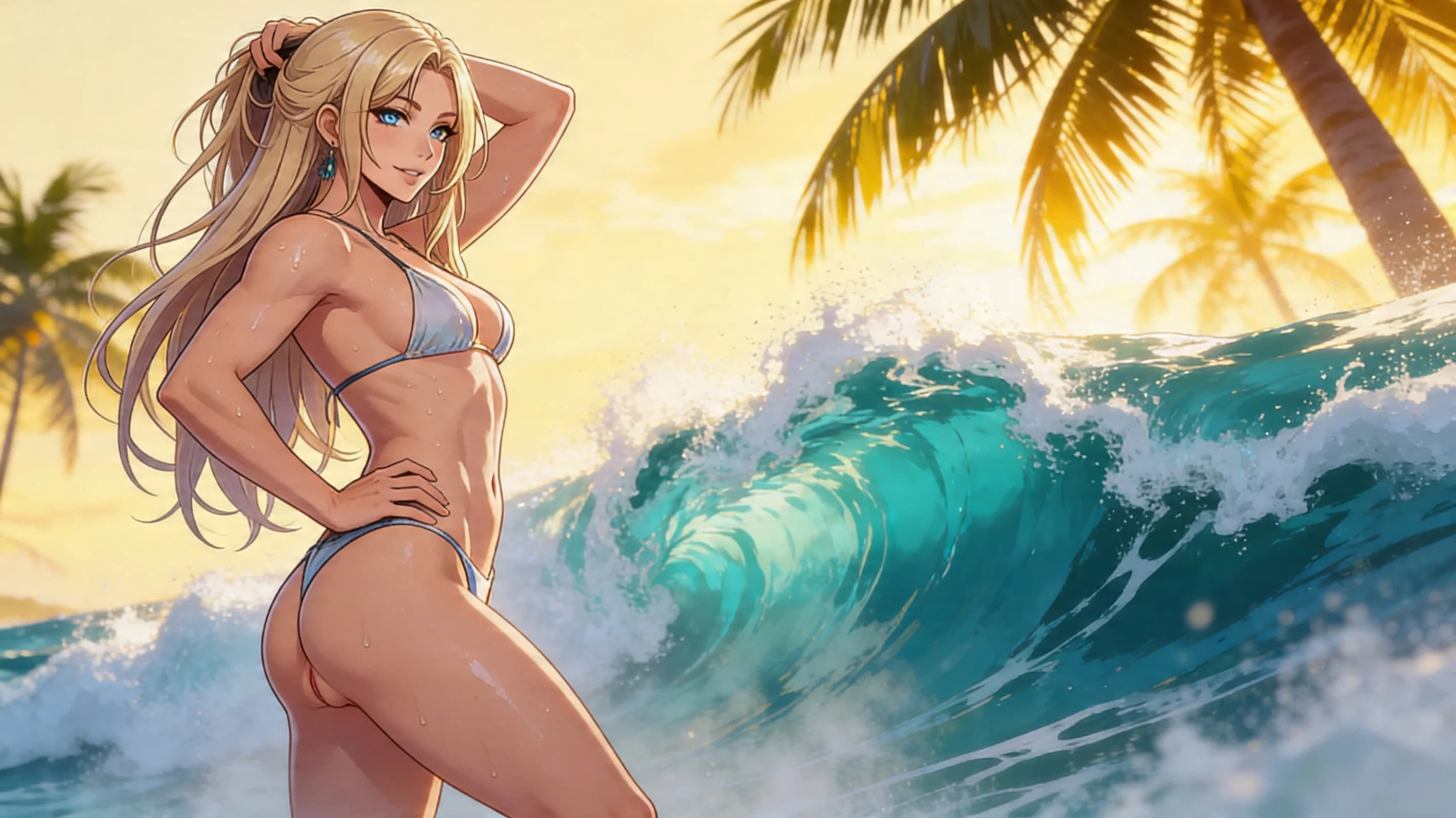 24-year-old Asian woman with long blonde hair, striking blue eyes, and muscular athletic body, standing confidently on a sunny tropical beach with golden sand, turquoise waves crashing in the background and palm trees swaying, wearing a stylish skimpy bikini that hugs her toned abs and curves with natural fabric folds and slight sheen from ocean mist, dynamic pose with one hand on hip and the other brushing back her flowing hair, legs slightly apart showcasing powerful thighs, breasts perky and firm under the bikini top with subtle bounce from sea breeze, skin glowing with light sweat drops and sun-kissed sheen, playful seductive mood, medium close-up from low beach-level angle looking up for empowering perspective, intense upward eye contact with sparkling blue eyes full of flirty confidence and parted glossy lips in a teasing smile, vibrant atmospheric lighting with golden hour sunset casting warm glows and soft shadows, anime style, high-quality illustration, Flawless anatomy, no extra digits, no extra limbs, detailed anime shading, high-quality illustration.