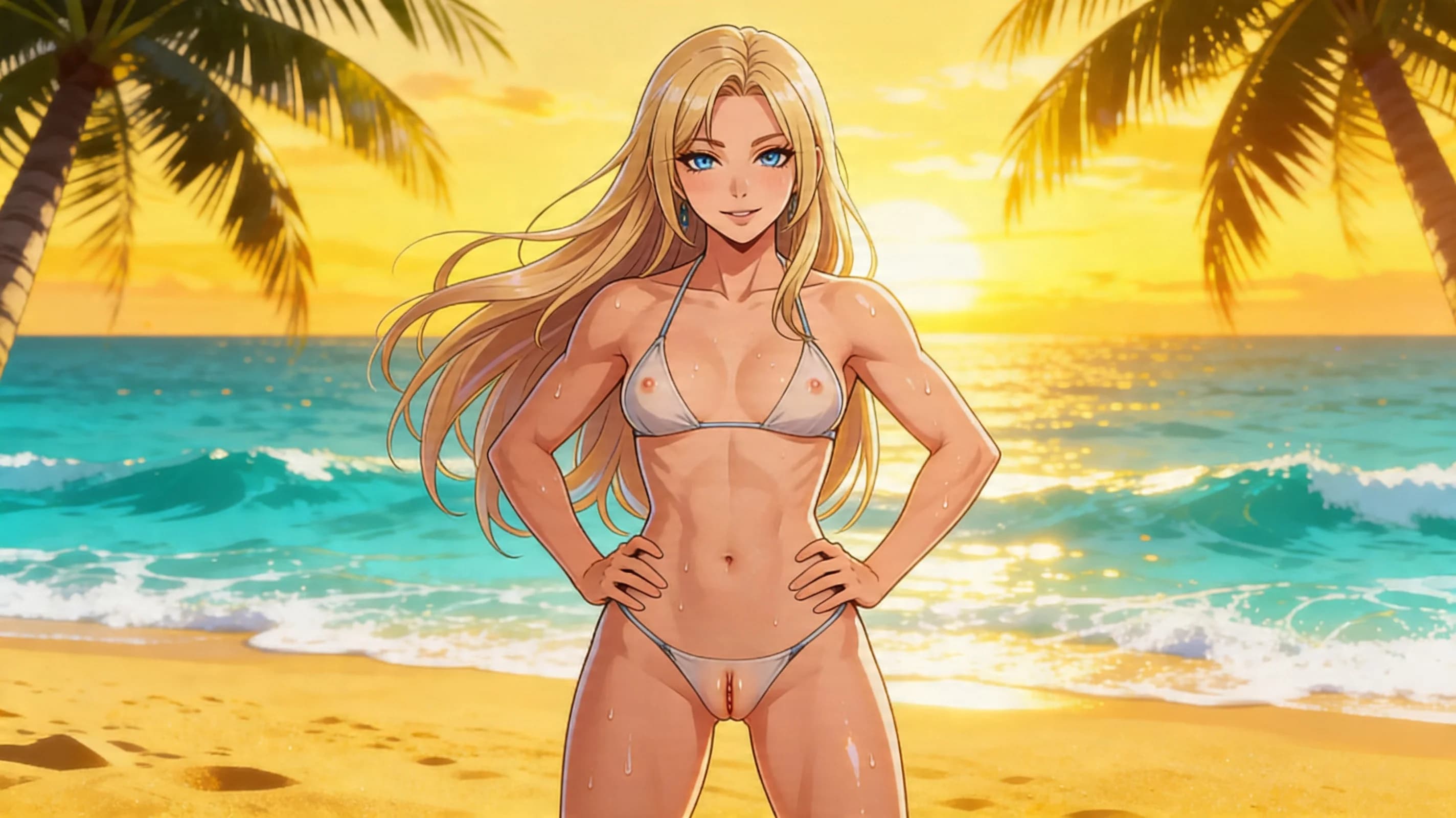 24-year-old Asian woman with long blonde hair, striking blue eyes, and muscular athletic body, standing confidently on a sunny tropical beach with golden sand, turquoise waves crashing in the background and palm trees swaying, wearing a stylish skimpy bikini that hugs her toned abs and curves with natural fabric folds and slight sheen from ocean mist, dynamic pose with one hand on hip and the other brushing back her flowing hair, legs slightly apart showcasing powerful thighs, breasts perky and firm under the bikini top with subtle bounce from sea breeze, skin glowing with light sweat drops and sun-kissed sheen, playful seductive mood, medium close-up from low beach-level angle looking up for empowering perspective, intense upward eye contact with sparkling blue eyes full of flirty confidence and parted glossy lips in a teasing smile, vibrant atmospheric lighting with golden hour sunset casting warm glows and soft shadows, anime style, high-quality illustration, Flawless anatomy, no extra digits, no extra limbs, detailed anime shading, high-quality illustration.