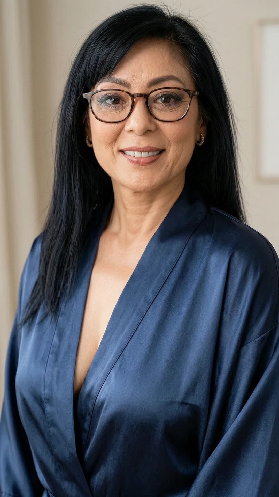 A 57-year-old Asian woman with long black hair, brown eyes, skinny build and wearing glasses, dressed in an open luxurious satin robe revealing subtle skin beneath, standing in a softly lit neutral indoor setting with elegant minimal background, medium close-up portrait from front angle at eye level, direct eye contact with a warm inviting smile and lips gently parted, relaxed confident pose with shoulders slightly angled toward viewer, soft natural lighting highlighting smooth skin texture and fabric sheen, realistic style, Flawless anatomy, no extra digits, no extra limbs, realistic skin texture, high-detail.