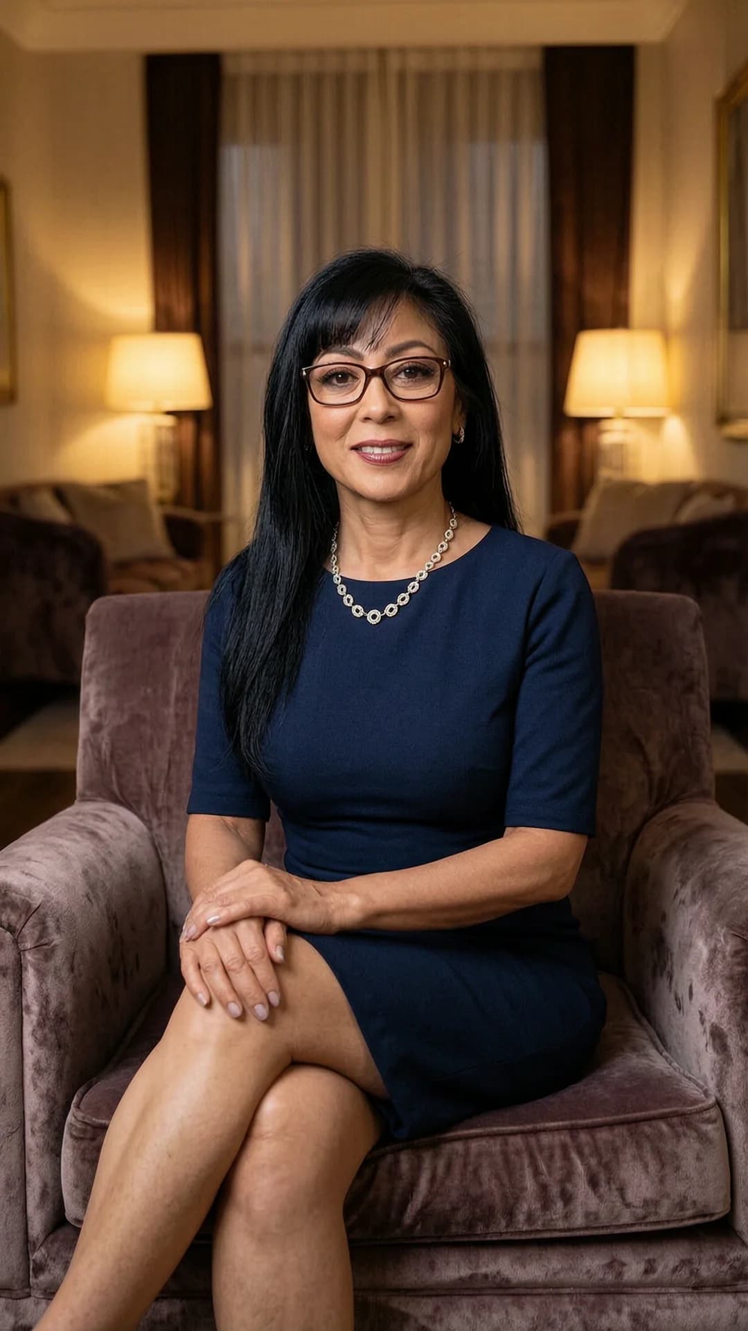 A 57-year-old Asian woman with a skinny body type, long black hair, brown eyes and wearing glasses, dressed in an elegant knee-length skirt and an elegant necklace, sitting casually in a relaxed pose on a velvet armchair in a softly lit upscale living room with warm ambient lighting and subtle shadows, medium close-up from a front angle with her legs crossed and hands resting gently on her lap, direct eye contact with a serene and content expression, lips softly smiling, flawless anatomy, no extra digits, no extra limbs, realistic skin texture, high-detail.