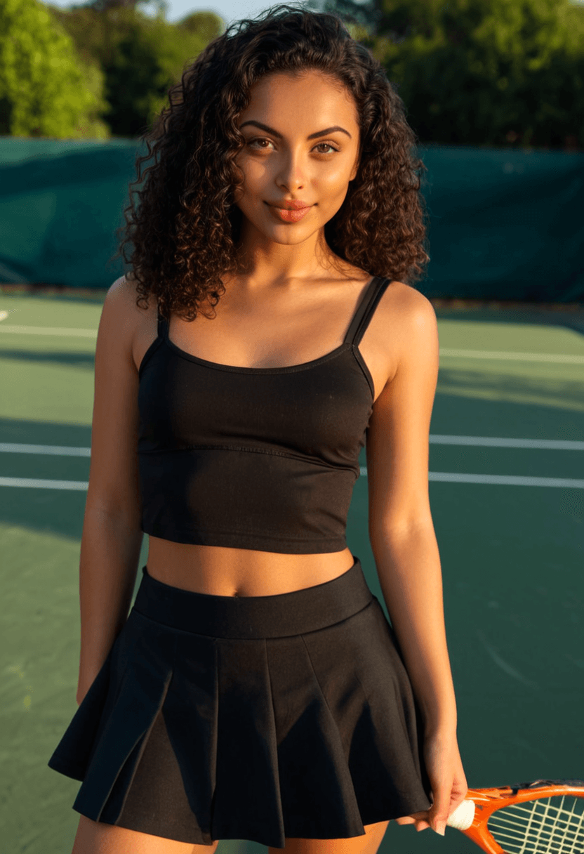 Wearing short black tennis skirt and a crop top shirt, portrait picture, looking at the viewer with a smile