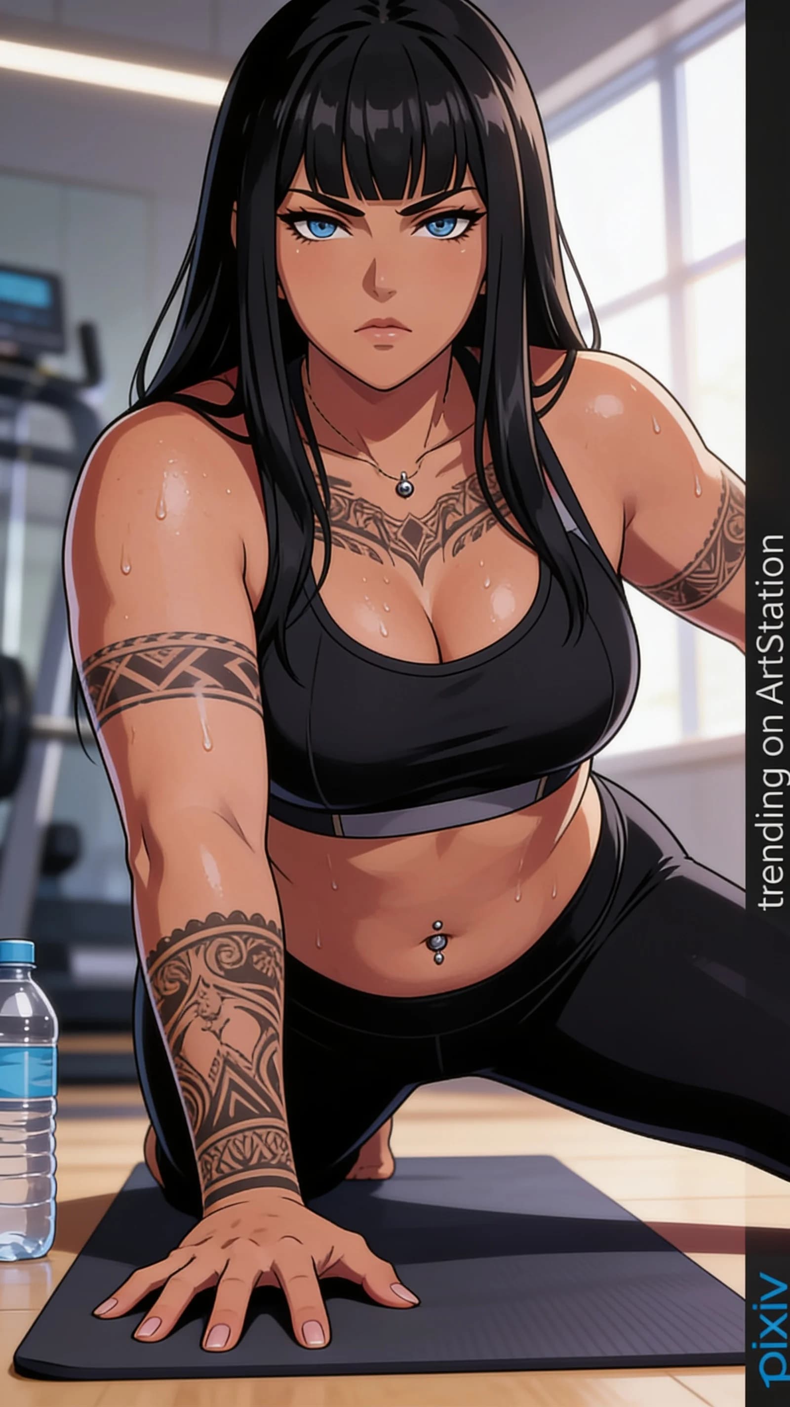 anime style, 2D cel-shaded anime illustration, anime key visual, flat cel shading, clean bold line art, vibrant saturated colors, large detailed expressive anime eyes with crisp catchlights, flat 2D rendering, not photorealistic, not 3D render, 21-year-old Latina woman with black hair in bangs, blue eyes, chubby body type, visible tattoos across arms and torso, nipple piercings and belly piercings, wearing tight form-fitting black yoga pants and a cropped sports bra that reveals her midriff, completely covered in glistening sweat, performing a deep stretching pose on a yoga mat in a modern gym with a water bottle nearby, medium close-up waist-up framing from a three-quarter front angle in vertical 9:16 portrait composition with character centered and filling the frame, soft natural window light casting gentle highlights on sweaty skin and fabric folds, focused expression with intense direct eye contact and determined mood, motivational healthy lifestyle atmosphere, detailed anime cel shading, crisp clean linework, correct anatomy, hands cleanly drawn with five fingers, studio-quality anime key visual; avoid: photorealistic, 3D render, extra fingers, deformed hands, blurry, low detail.