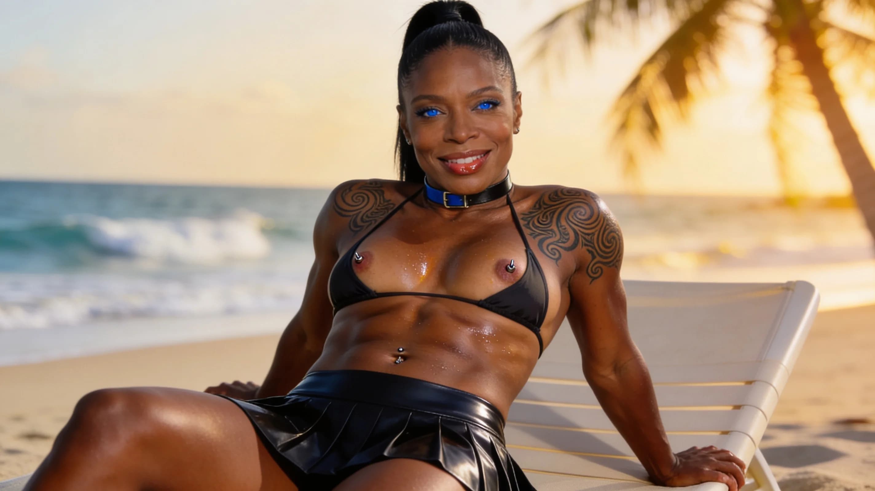 51-year-old muscular Black woman with black ponytail hairstyle and striking blue eyes, realistic style, tanning seductively on a sunny beach lounger with ocean waves and palm trees in soft background focus, kneeling in an elegant athletic squat pose with knees spread wide and back arched gracefully while stretching her powerful legs and arms overhead in tense body mechanics with subtle muscle definition, skin sheen from sunscreen and light sweat glistening on her sun-kissed ebony skin, wearing a stylish bikini that hugs her toned athletic physique with thin fabric straining against her heaving breasts showing pert nipples with visible nipple piercings, short sleek latex tennis skirt hiked up slightly for explicit nsfw genital visibility of her aroused labia glistening with wetness and trimmed pubic hair, fashionable choker around her neck and artistic tattoos swirling elegantly across her shoulders and thighs, medium close-up portrait from a low front angle POV looking up at her with intense direct eye contact conveying playful seductive lust, inviting smile and parted glossy lips, golden hour beach lighting casting warm glows and soft shadows highlighting her firm abs, underboob exposure, and body tension with breasts positioned high and firm, flawless anatomy, no extra digits, no extra limbs, realistic skin texture, high-detail.