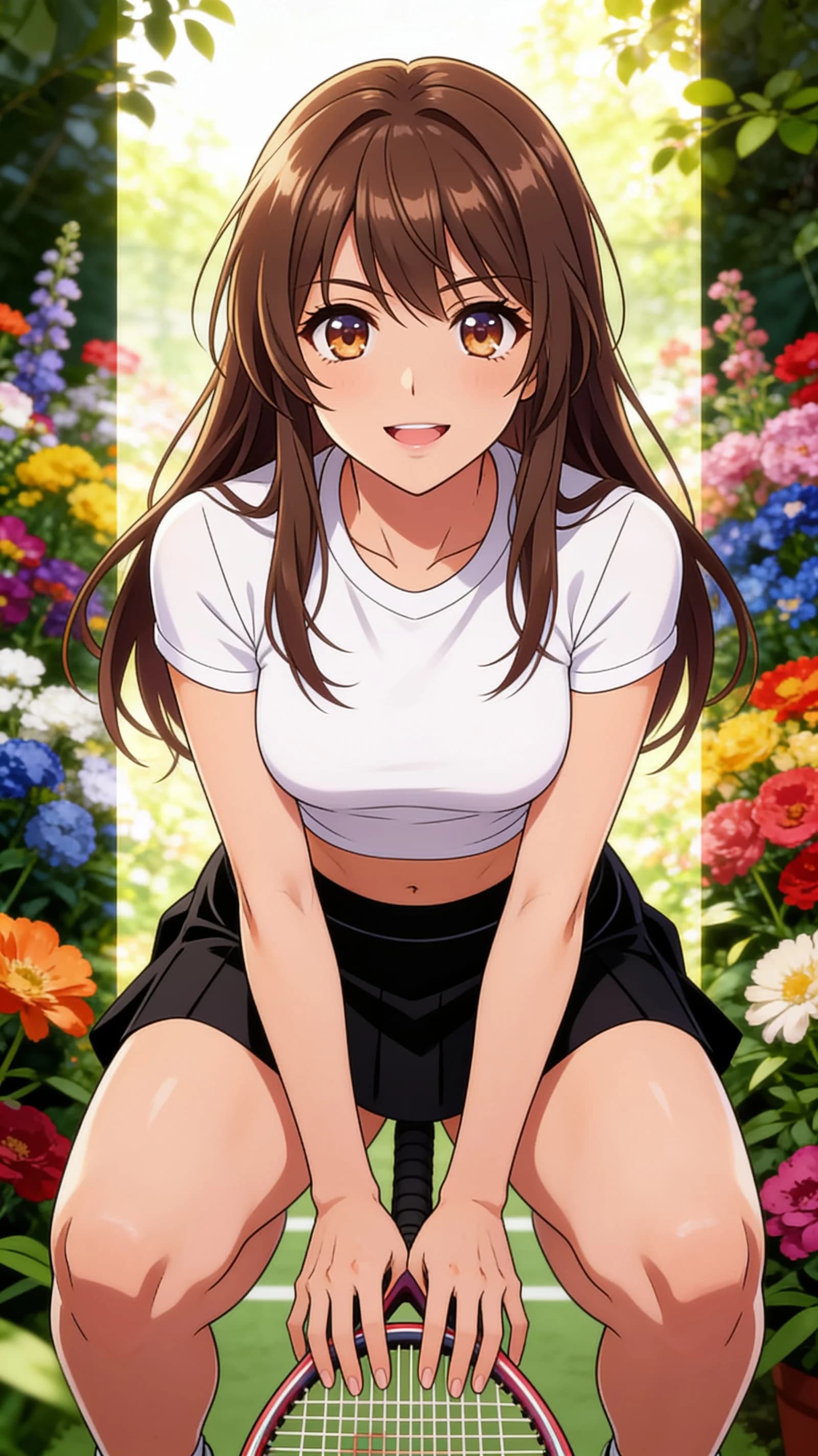 anime style, 2D cel-shaded anime illustration, anime key visual, flat cel shading, clean bold line art, vibrant saturated colors, large detailed expressive anime eyes with crisp catchlights, flat 2D rendering, not photorealistic, not 3D render, 21-year-old Asian woman with long brunette hair, brown eyes, fit body type, wearing a short black tennis skirt and a tight white crop top shirt, squatting in an athletic pose with knees bent and thighs flexed in a beautiful garden filled with colorful flowers, centered vertical 9:16 portrait composition framing head to mid-thigh, direct eye-level camera angle with intense eye contact and a bright warm smile, lips parted slightly, soft natural sunlight filtering through garden foliage creating vibrant rim lighting and gentle highlights on skin and clothing, detailed anime cel shading, crisp clean linework, correct anatomy, hands cleanly drawn with five fingers, studio-quality anime key visual; avoid: photorealistic, 3D render, extra fingers, deformed hands, blurry, low detail.