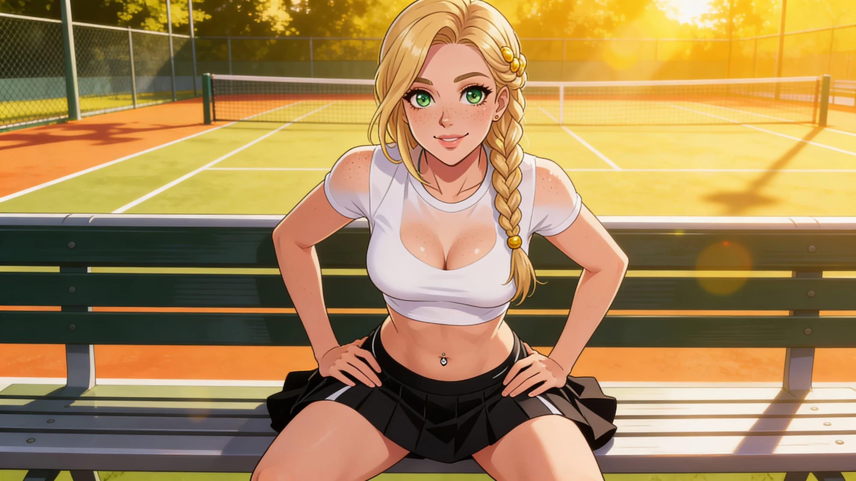 24-year-old Caucasian woman with fit body, blonde hair in braids, green eyes, freckles, and belly piercings, portrait medium close-up from a straight-on camera angle directly facing the viewer, sitting casually on the edge of a tennis court bench in a vibrant outdoor tennis court setting at golden hour with soft warm sunlight filtering through trees casting dynamic shadows and lens flares, relaxed pose with hips slightly cocked to one side and hands resting confidently on thighs accentuating her toned midriff and perky breasts with natural upward lift, wearing a tight white crop top shirt that hugs her perky breasts with subtle fabric folds and a very short black tennis skirt that flares playfully at the hem revealing toned thighs, smiling warmly at the viewer with soft joyful expression and direct intense eye contact sparkling with friendly mischief, lips curved in a gentle inviting smile, subtle blush marks on cheeks, smooth skin sheen on exposed shoulders and belly with natural body physics tension, lively energetic mood, anime style, high-quality illustration, Flawless anatomy, no extra digits, no extra limbs, detailed anime shading, high-quality illustration.