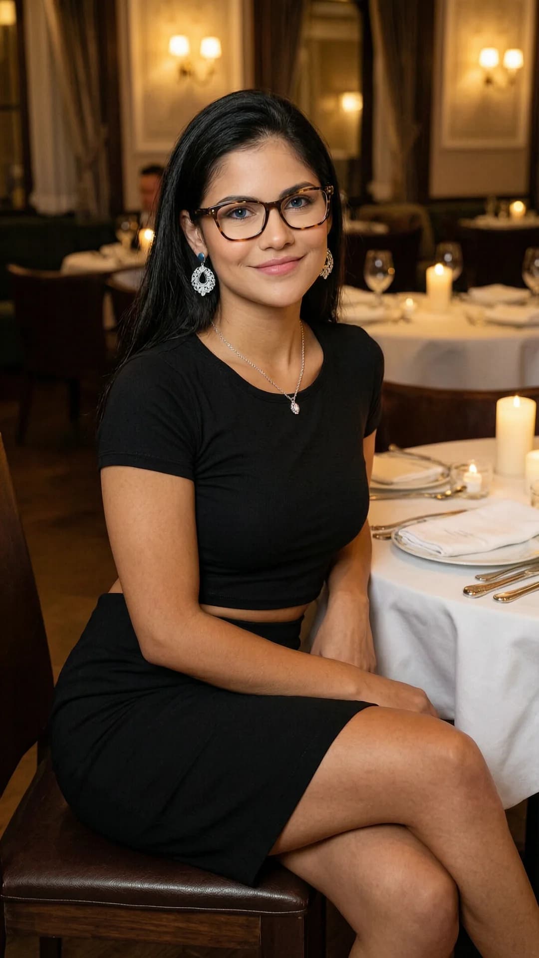 A 21-year-old Latina woman with a muscular body type, long black hair, blue eyes, wearing stylish glasses, elegant necklace and beautiful earrings, sitting casually in a relaxed pose at a candlelit table in an upscale restaurant while dining, wearing a fitted crop top shirt and elegant knee-length black skirt, medium close-up portrait from a direct eye-level angle, looking at the viewer with a warm smile and friendly direct eye contact, soft ambient lighting with warm golden highlights on her skin and hair, elegant restaurant background with fine dining details, relaxed body posture with natural muscle definition visible, Flawless anatomy, no extra digits, no extra limbs, realistic skin texture, high-detail.