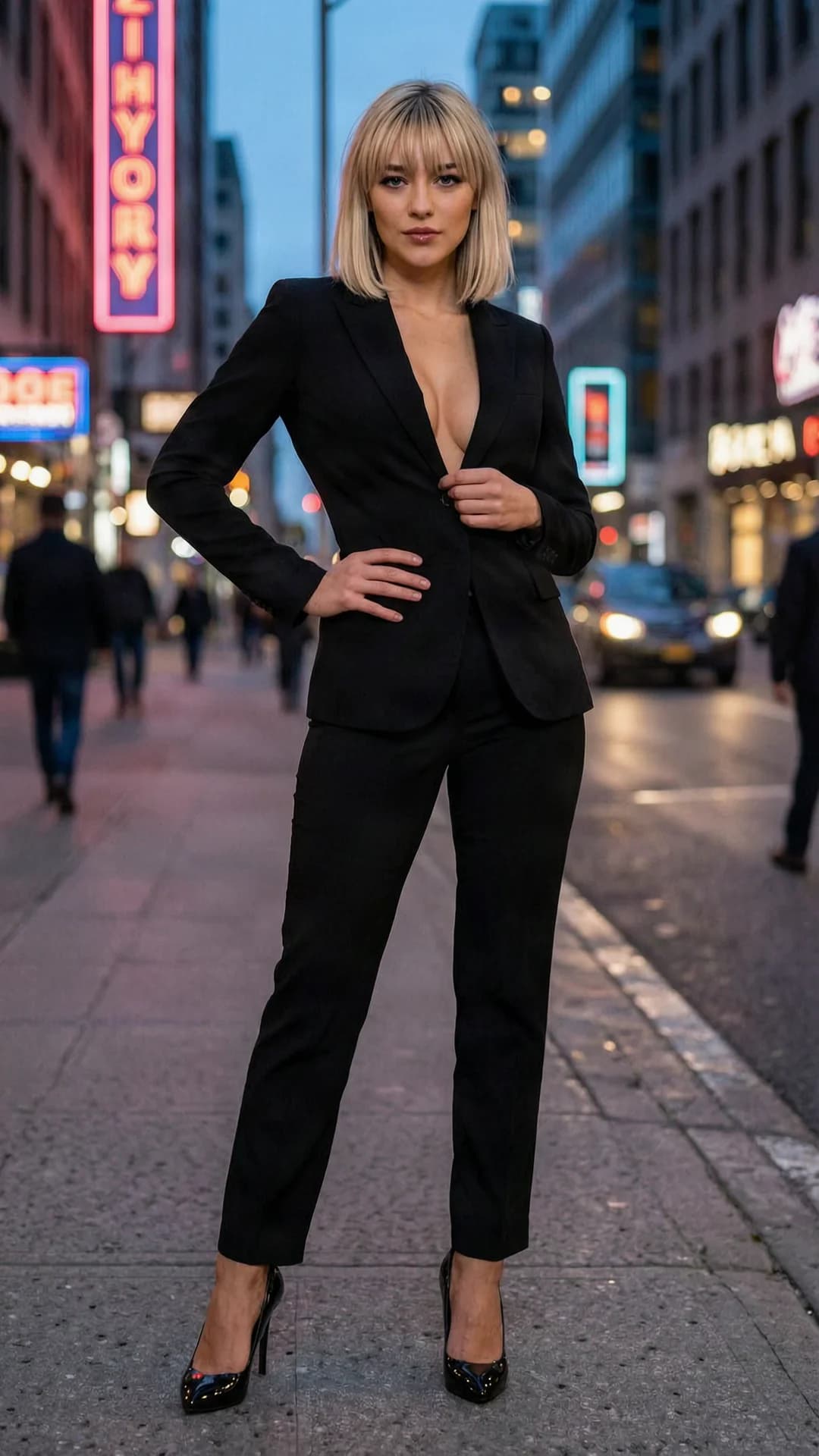 A 21-year-old Caucasian woman with blonde bangs, piercing blue eyes, and a fit athletic body stands in a dynamic fashion shoot pose on a bustling city street at dusk, wearing tailored black slacks that hug her hips, an open black suit jacket with nothing underneath exposing her bare breasts and toned midriff, and glossy black high heels, her body angled slightly toward the viewer with one hand on her hip and the other adjusting her jacket lapel, captured in a medium full-body frontal eye-level shot, intense direct eye contact with the camera conveying confident seduction and parted lips, urban neon lights casting dramatic highlights and soft shadows across her skin with visible nipples and natural breast shape under body tension and subtle skin sheen, realistic style, nsfw, explicit anatomical detail, Flawless anatomy, no extra digits, no extra limbs, realistic skin texture, high-detail.