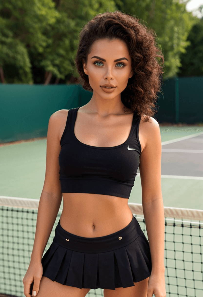 Wearing short black tennis skirt and a crop top shirt, portrait picture, looking at the viewer with a smile