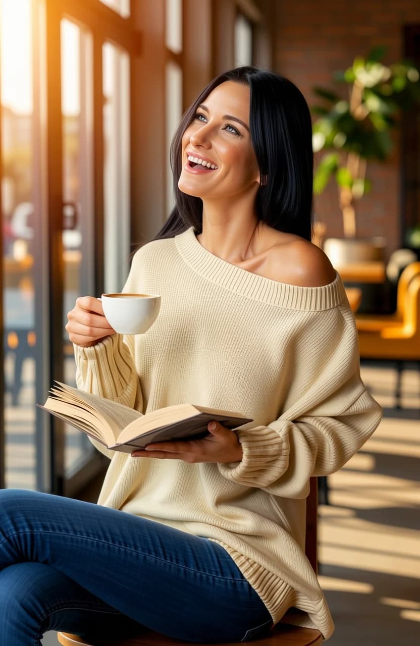 36-year-old Caucasian woman with skinny body type, straight black hair, and striking blue eyes, relaxed and sitting casually on a wooden chair in a trendy coffee shop filled with warm autumn colors like rich oranges, deep browns, and soft golds, natural sunlight streaming through large floor-to-ceiling windows casting gentle golden glows and soft shadows across the cozy interior with exposed brick walls, potted plants, and scattered tables, wearing fitted blue jeans hugging her slim legs and a cozy oversized cream-colored sweater draping loosely over her slender frame with sleeves pushed up to her elbows, holding a steaming latte in one hand and an open book in the other, genuine laughing expression with head slightly tilted back, mouth open in joyful mirth, cheeks flushed with warmth, making direct eye contact with the viewer with sparkling blue eyes full of approachable delight and comfort, medium close-up from a low slight side angle capturing her upper body and relaxed posture with one leg crossed over the other, skinny arms loosely posed, subtle body physics with natural slender contours and gentle breast shape under the sweater, soft skin sheen from the sunlight with faint freckles and realistic texture, comfortable and inviting casual lifestyle vibe like cinematic photography with warm bokeh background and shallow depth of field. Flawless anatomy, no extra digits, no extra limbs, realistic skin texture, high-detail.