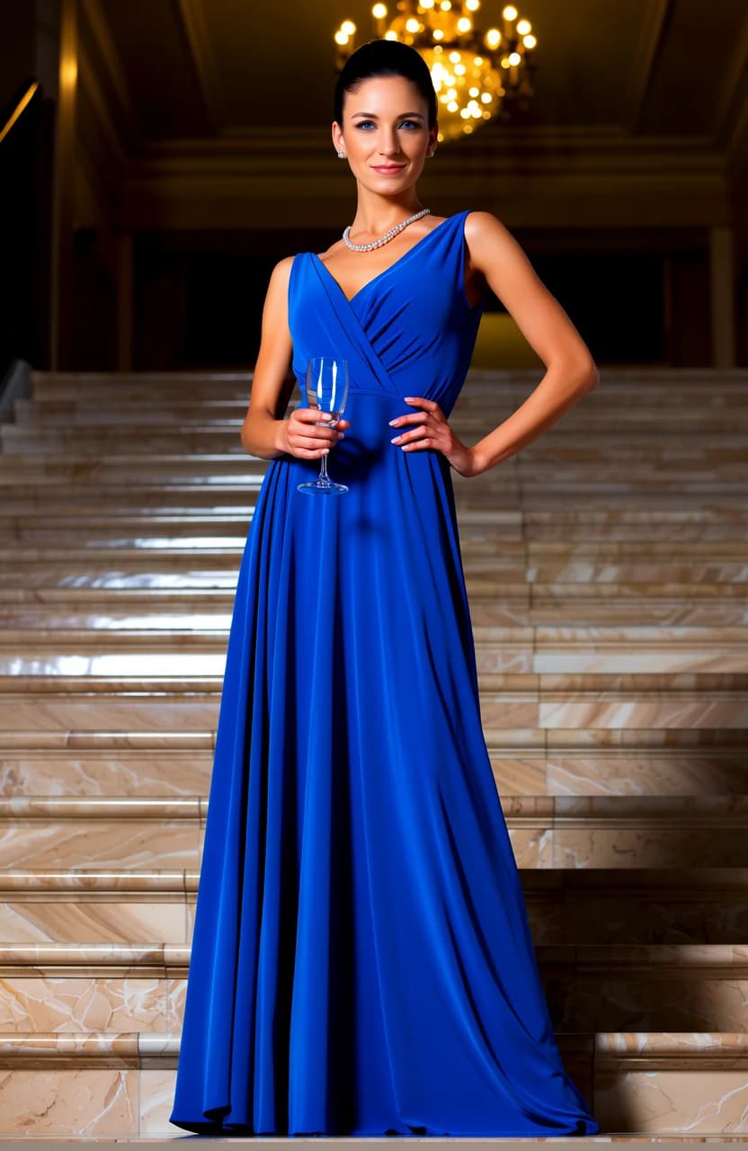 36-year-old Caucasian woman with skinny body type, straight black hair in an elegant updo, piercing blue eyes, sophisticated and glamorous, standing confidently on a grand marble staircase at a luxury venue with opulent chandelier lighting casting dramatic golden highlights and soft shadows creating a glamorous atmosphere, wearing a form-fitting flowing blue evening gown with a subtle slit revealing one toned leg, pearl necklace and earrings sparkling, holding a crystal champagne glass delicately in one hand with the other resting on her hip, confident posture with chest slightly forward and one foot advanced on the step, medium shot from a low three-quarter angle looking up to emphasize elegance and poise, direct intense eye contact with the viewer conveying poised allure and subtle smile with lips gently parted, skin glowing with subtle sheen under warm lighting, body physics showing slender toned arms and subtle collarbone definition with natural breast lift under the gown's fabric tension, flawless anatomy, no extra digits, no extra limbs, realistic skin texture, high-detail.