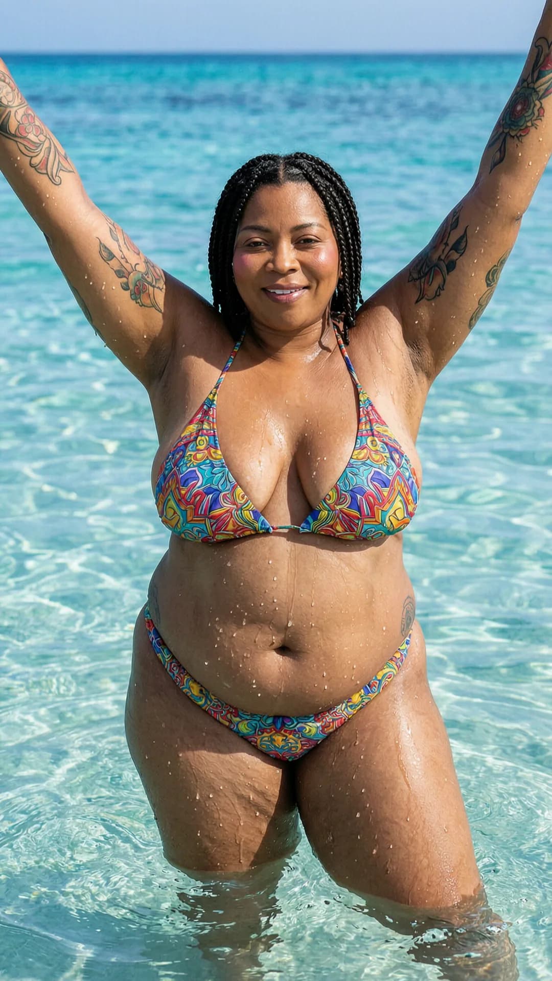 A 41-year-old chubby black woman with black braids, brown eyes, soft rounded facial features and artistic tattoos across her arms and torso, wearing a stylish colorful bikini, standing waist-deep in clear blue water on a sunny beach while stretching gracefully with arms raised and back arched, close-up portrait shot from eye level facing the viewer, direct eye contact with a warm inviting smile and joyful expression, water droplets on her glistening skin, chubby physique with soft belly and full breasts shifting naturally under the bikini fabric, gentle waves around her, bright natural daylight, Flawless anatomy, no extra digits, no extra limbs, realistic skin texture, high-detail.
