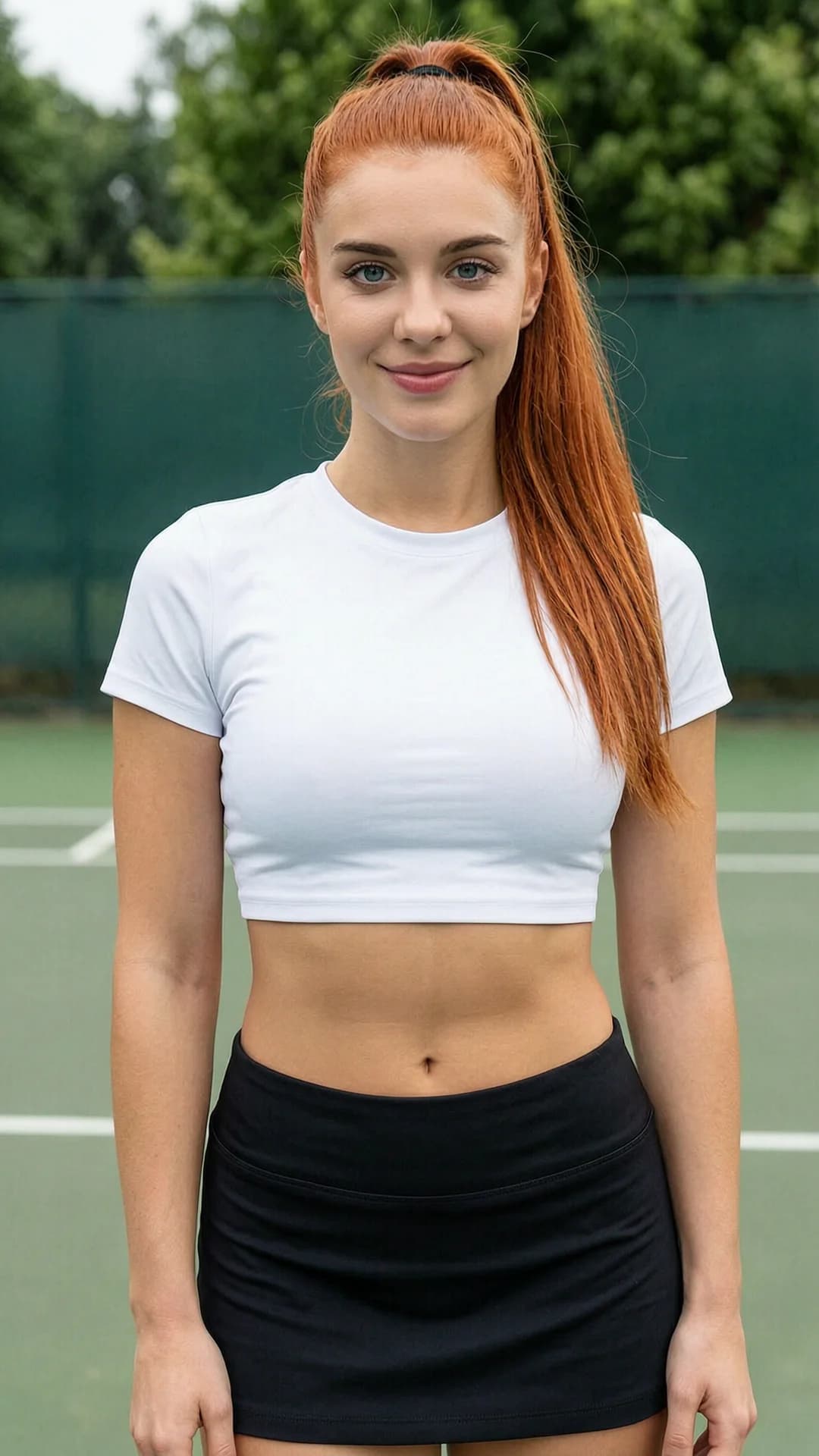 A 21-year-old Caucasian woman with vibrant red hair in a high ponytail, bright blue eyes, and a toned fit body type, wearing a short black tennis skirt and a fitted white crop top shirt that exposes her midriff, captured in a medium close-up portrait from a direct front angle at eye level, standing with shoulders slightly angled and hips tilted in a relaxed athletic stance, direct eye contact with the viewer accompanied by a warm genuine smile with lips gently curved upward, soft natural daylight illuminating her smooth skin with subtle sheen, ponytail resting over one shoulder, clean outdoor tennis court background with blurred greenery, cinematic realistic style. Flawless anatomy, no extra digits, no extra limbs, realistic skin texture, high-detail.
