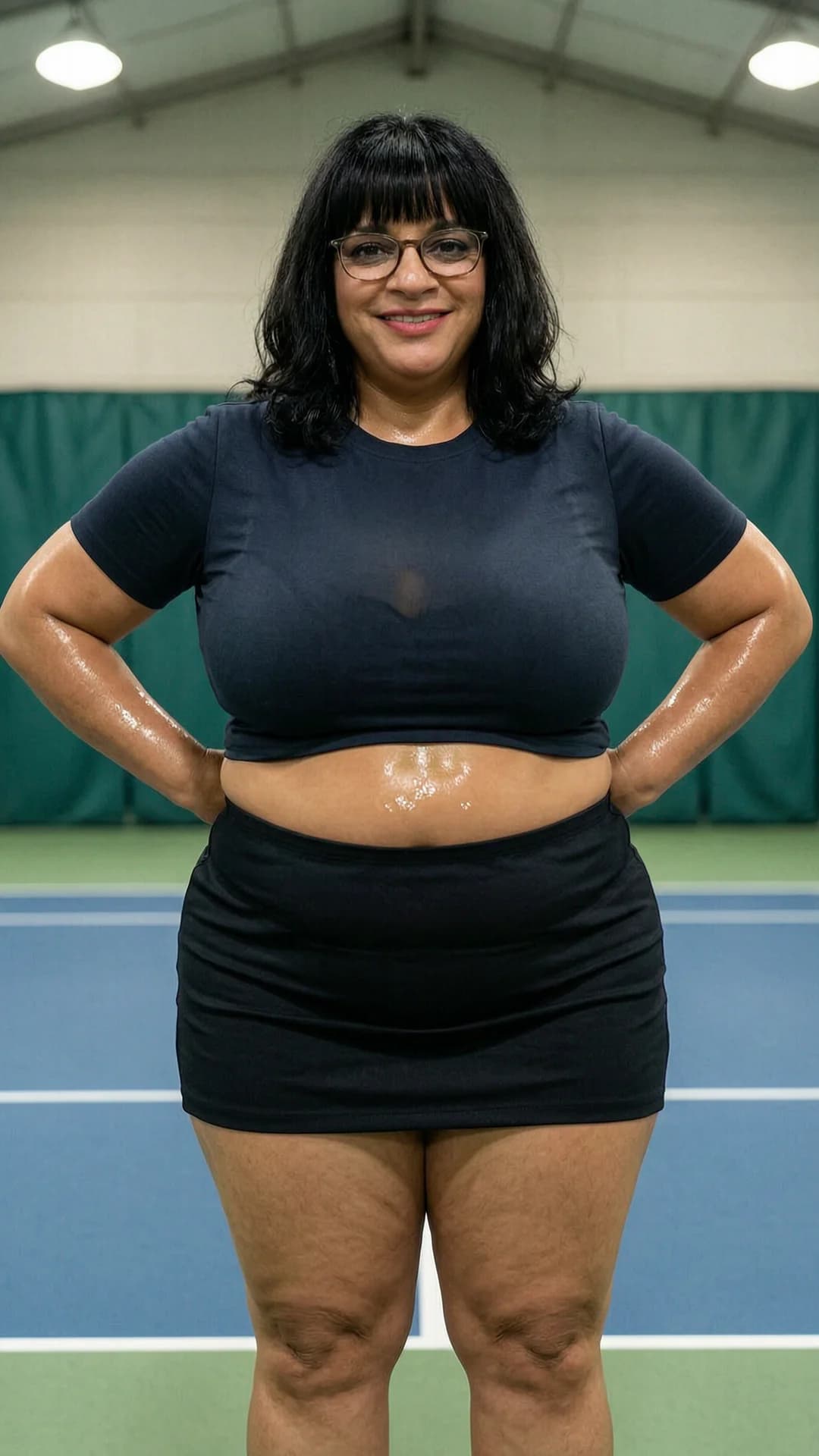 53-year-old Latina woman with chubby body type, black hair with bangs, brown eyes, wearing glasses, realistic style, portrait shot from a straight-on medium close-up camera angle at eye level, standing confidently with shoulders back and hands on hips to accentuate her curves, short black tennis skirt hugging her wide hips and thick thighs, tight crop top shirt stretched over her full heavy breasts and soft belly with underboob peeking out, subtle body sheen from light sweat on her warm olive skin, smiling warmly at the viewer with direct eye contact full of playful confidence and parted lips, indoor tennis court setting with soft overhead lighting casting gentle shadows on her plump cheeks and cleavage, relaxed muscle tension in her arms and legs with natural jiggle in her breasts and belly, mood vibrant and inviting, flawless anatomy, no extra digits, no extra limbs, realistic skin texture, high-detail.