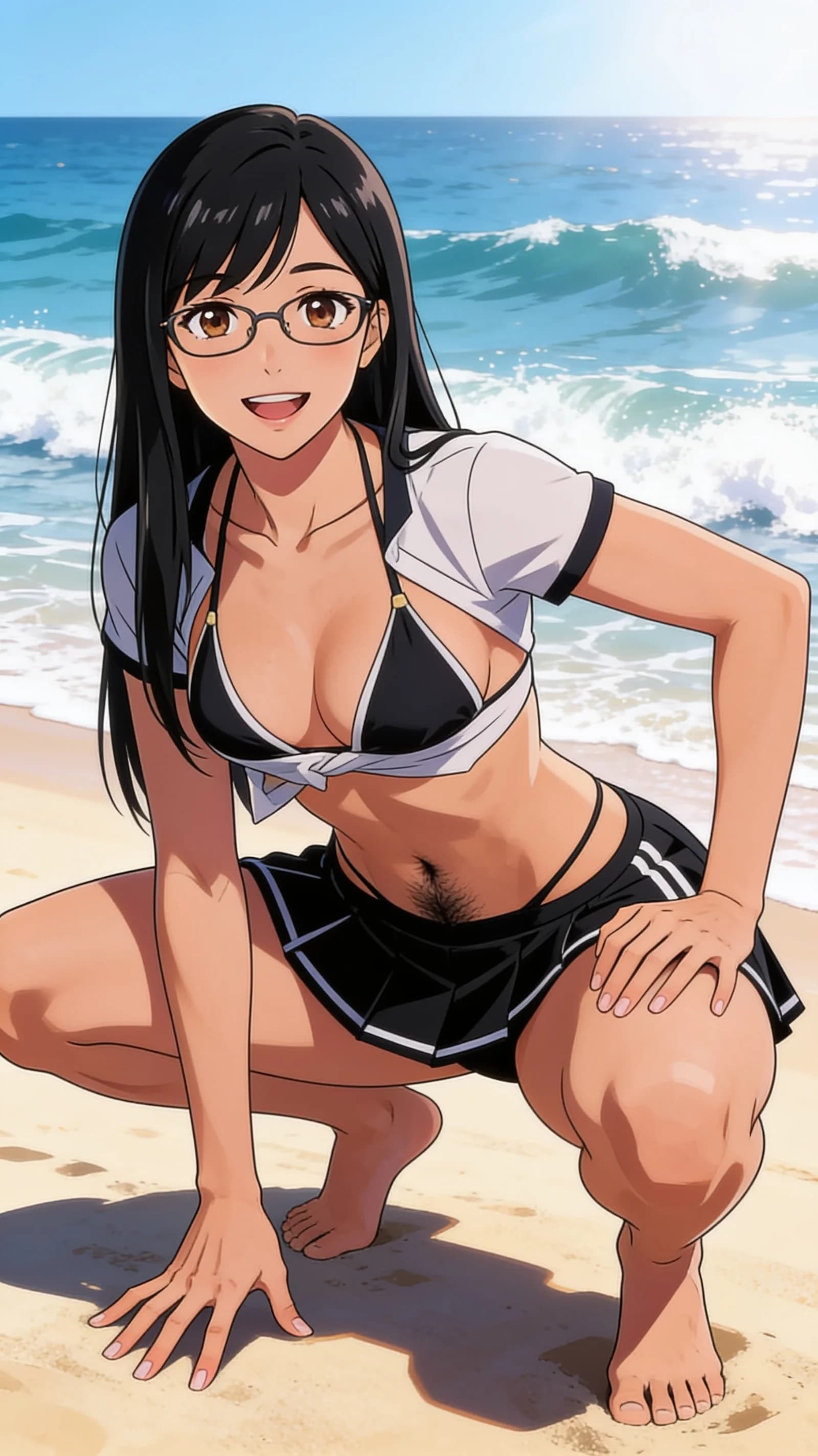 anime style, 2D cel-shaded anime illustration, anime key visual, flat cel shading, clean bold line art, vibrant saturated colors, large detailed expressive anime eyes with crisp catchlights, flat 2D rendering, not photorealistic, not 3D render, 21-year-old Arabic woman, fit athletic body type, straight black hair, brown eyes, wearing glasses, centered in vertical 9:16 portrait frame filling from head to mid-thigh, squatting athletic pose on a sunny beach with ocean waves behind her, wearing a stylish revealing bikini with short black tennis skirt elements and crop top shirt lifted slightly, nsfw, visible dark pubic hair above bikini bottom, direct intense eye contact with warm playful smile and parted lips, bright sunny daylight with strong highlights and soft shadows, detailed anime cel shading, crisp clean linework, correct anatomy, hands cleanly drawn with five fingers, studio-quality anime key visual; avoid: photorealistic, 3D render, extra fingers, deformed hands, blurry, low detail.