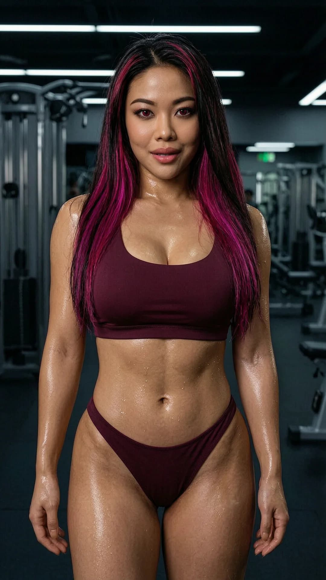 24-year-old South Korean woman with straight long black hair featuring vibrant magenta under-dye, red eyes, extremely voluptuous muscular hourglass figure with heavy bust, tiny snatched waist and prominent wide hips, captured in a medium close-up front-angle POV standing in a fitness studio background, wearing an ultra-skimpy maroon micro sports bra and matching low-rise micro bikini bottoms that tightly accentuate her extreme curves, intense seductive reddish-brown eye contact looking directly at the camera with playful lustful expression and lips parted, highly detailed glistening wet sweat sheen across toned abs and curvy physique, moody dramatic studio lighting with deep shadows highlighting muscle definition and body contours, raw photorealistic photo, 8k resolution, cinematic composition, flawless anatomy, no extra digits, no extra limbs, realistic skin texture, high-detail.