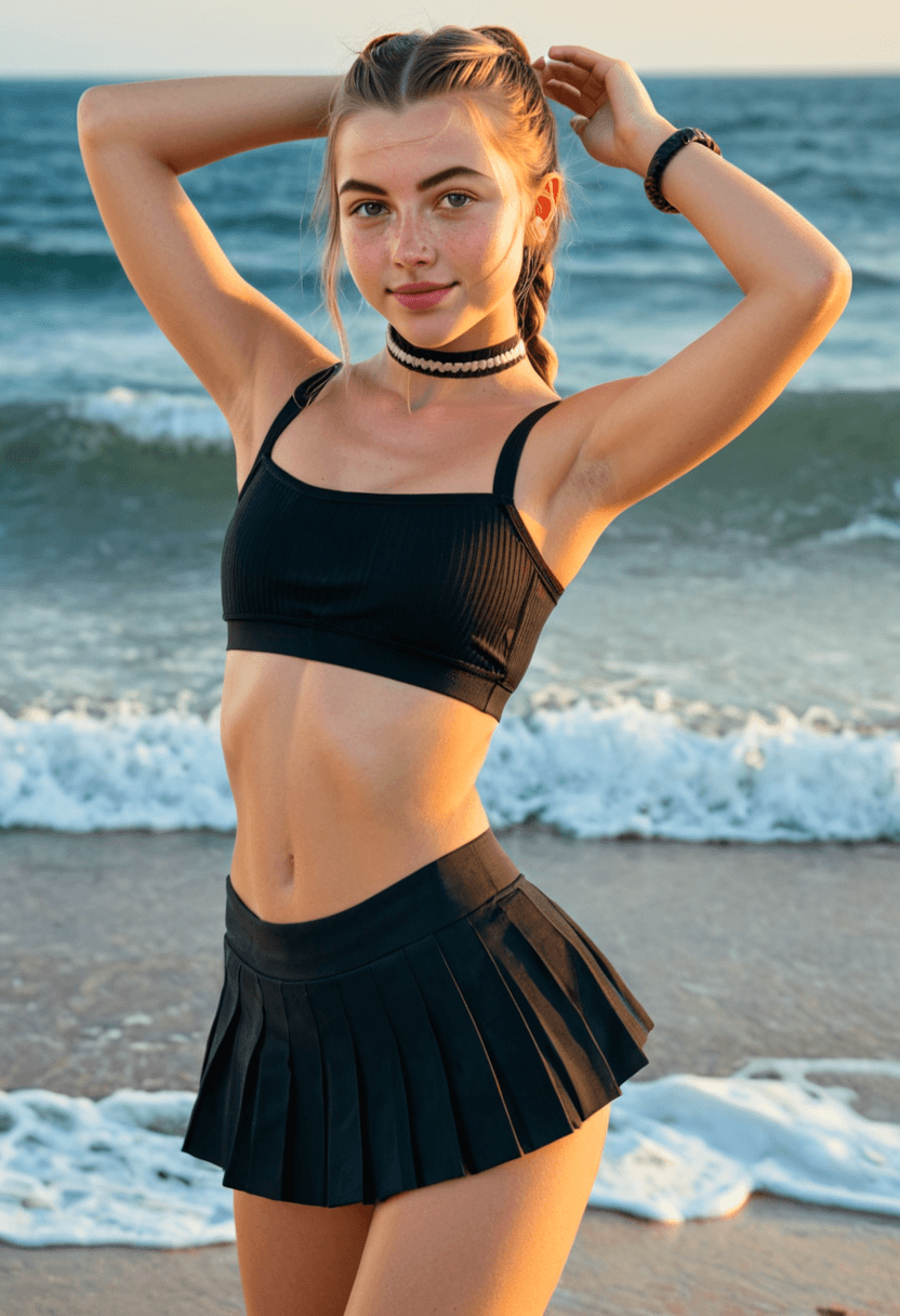 Wearing short black tennis skirt and a crop top shirt, portrait picture, looking at the viewer with a smile, wearing a stylish bikini on the beach, wearing a fashionable choker, stretching gracefully, on a sunny beach with ocean waves