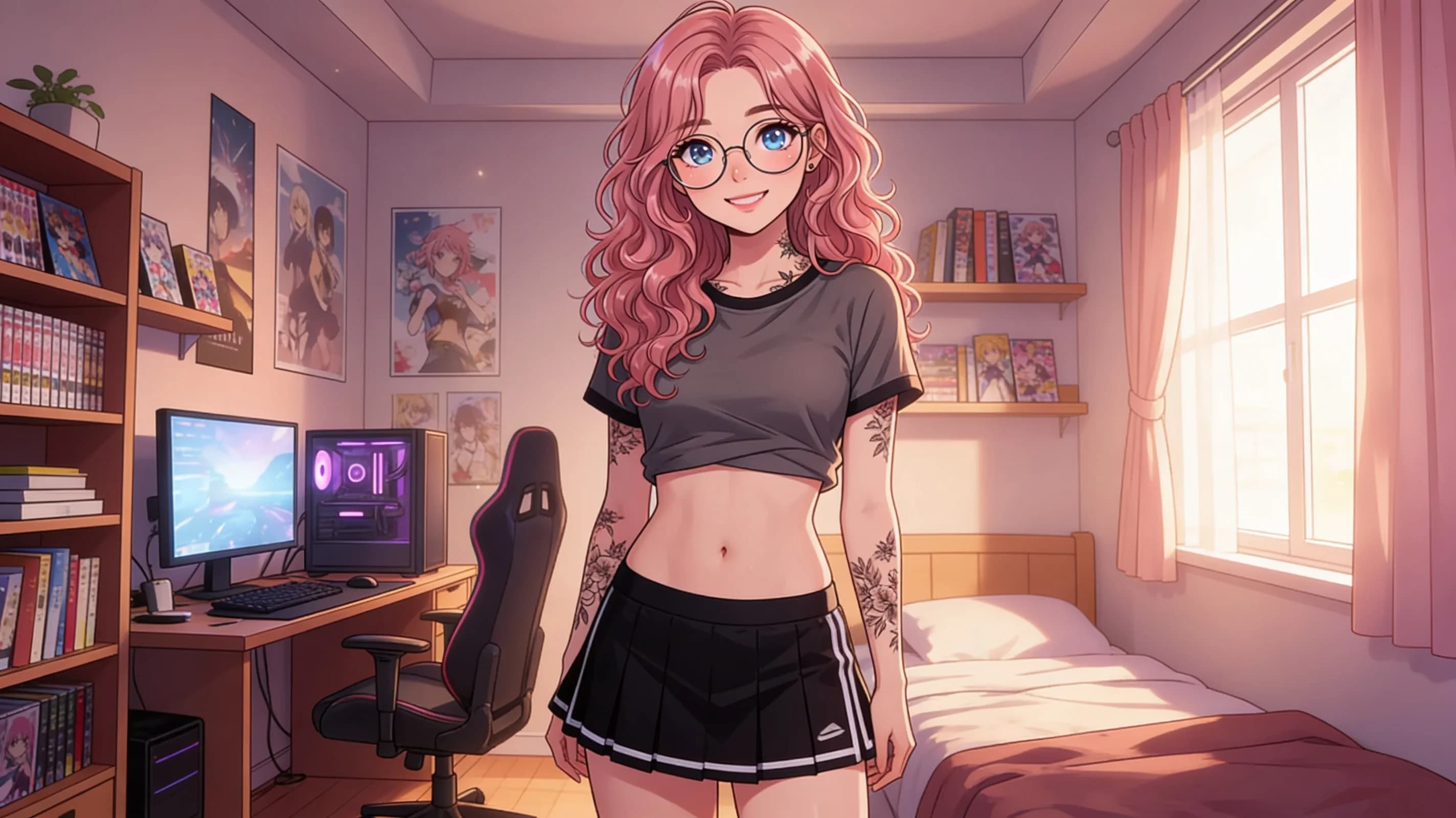 A 24-year-old Asian woman with curly pink hair, blue eyes, average body type, wearing glasses and visible tattoos, dressed in a short black tennis skirt and crop top shirt, standing in a cozy bedroom setting with soft warm lighting, medium close-up portrait from eye-level front angle, direct eye contact with a warm smile and playful expression, natural clothing folds, subtle skin sheen and blush marks, anime style, high-quality illustration. Flawless anatomy, no extra digits, no extra limbs, detailed anime shading, high-quality illustration.
