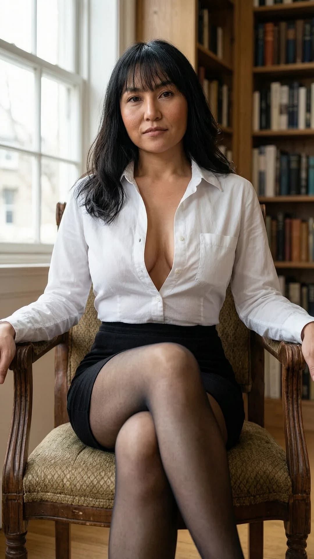 A 39-year-old Asian woman with black hair and bangs, brown eyes, skinny body type, wearing a short black skirt, white button-up shirt unbuttoned to show deep cleavage, sheer stockings, sitting upright in a wooden library chair with legs crossed, soft natural window light illuminating the quiet bookshelves background, medium close-up from a slightly low frontal angle, direct intense eye contact with the viewer and a confident seductive expression with lips gently parted, subtle body tension in her slim frame, realistic skin texture and fabric details, Flawless anatomy, no extra digits, no extra limbs, realistic skin texture, high-detail.