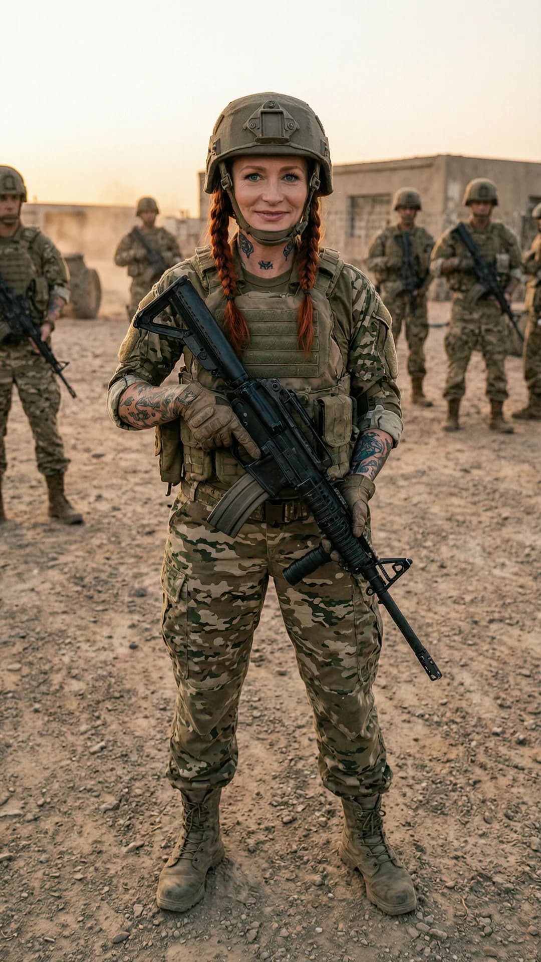 A 40-year-old Caucasian woman with red braided hair, piercing blue eyes, fit athletic body, visible tattoos across her skin and a belly piercing, standing confidently in full combat gear including tactical vest, helmet, boots and fatigues while gripping an assault rifle, positioned in the foreground of a dusty military outpost at dusk with other adult soldiers faintly visible in the background, strict first-person POV from the viewer's perspective, direct playful eye contact with a cheeky grin and parted lips conveying mischievous confidence, body angled slightly toward viewer with weight on one hip, realistic style, cinematic lighting with warm sunset highlights and deep shadows, mood of tense camaraderie, Flawless anatomy, no extra digits, no extra limbs, realistic skin texture, high-detail.