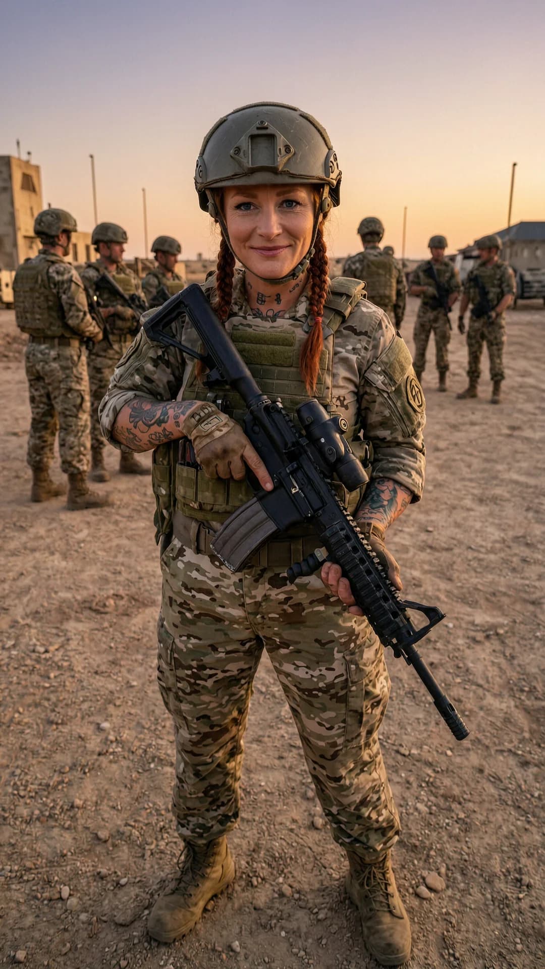 A 40-year-old Caucasian woman with red braided hair, piercing blue eyes, fit athletic body, visible tattoos across her skin and a belly piercing, standing confidently in full combat gear including tactical vest, helmet, boots and fatigues while gripping an assault rifle, positioned in the foreground of a dusty military outpost at dusk with other adult soldiers faintly visible in the background, strict first-person POV from the viewer's perspective, direct playful eye contact with a cheeky grin and parted lips conveying mischievous confidence, body angled slightly toward viewer with weight on one hip, realistic style, cinematic lighting with warm sunset highlights and deep shadows, mood of tense camaraderie, Flawless anatomy, no extra digits, no extra limbs, realistic skin texture, high-detail.