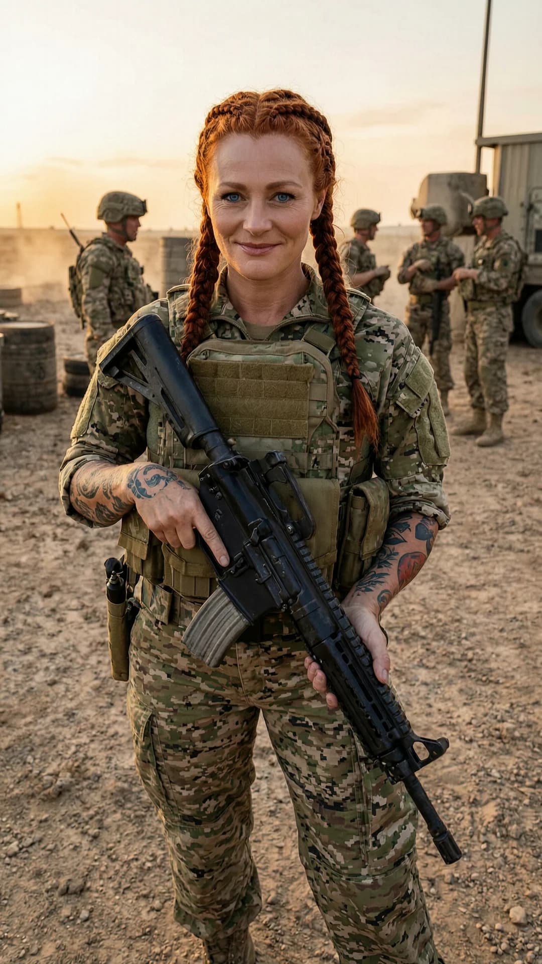 A 40-year-old Caucasian woman with red braided hair, piercing blue eyes, fit athletic body, visible tattoos across her skin and a belly piercing, standing confidently in full combat gear including tactical vest, helmet, boots and fatigues while gripping an assault rifle, positioned in the foreground of a dusty military outpost at dusk with other adult soldiers faintly visible in the background, strict first-person POV from the viewer's perspective, direct playful eye contact with a cheeky grin and parted lips conveying mischievous confidence, body angled slightly toward viewer with weight on one hip, realistic style, cinematic lighting with warm sunset highlights and deep shadows, mood of tense camaraderie, Flawless anatomy, no extra digits, no extra limbs, realistic skin texture, high-detail.