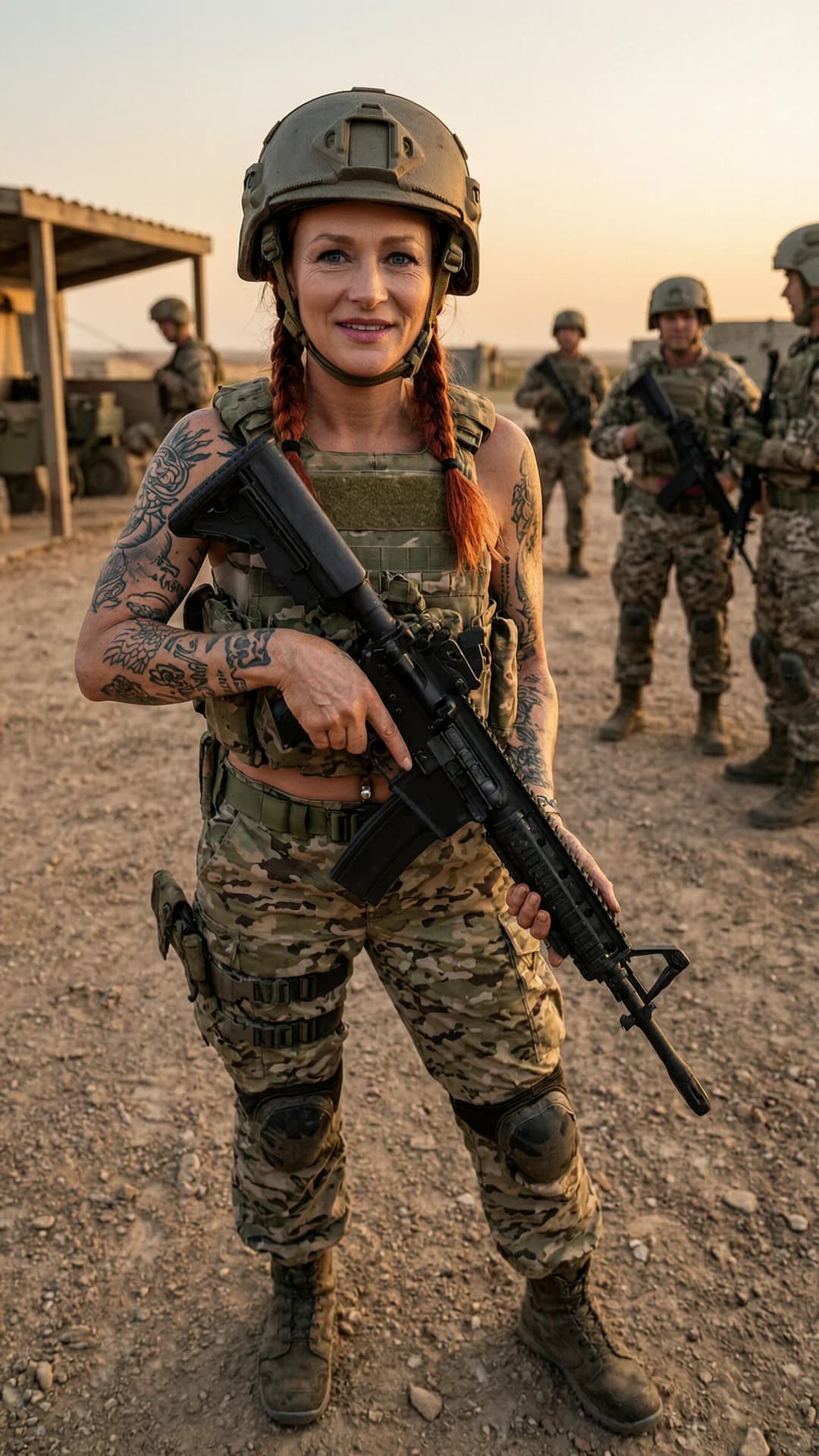 A 40-year-old Caucasian woman with red braided hair, piercing blue eyes, fit athletic body, visible tattoos across her skin and a belly piercing, standing confidently in full combat gear including tactical vest, helmet, boots and fatigues while gripping an assault rifle, positioned in the foreground of a dusty military outpost at dusk with other adult soldiers faintly visible in the background, strict first-person POV from the viewer's perspective, direct playful eye contact with a cheeky grin and parted lips conveying mischievous confidence, body angled slightly toward viewer with weight on one hip, realistic style, cinematic lighting with warm sunset highlights and deep shadows, mood of tense camaraderie, Flawless anatomy, no extra digits, no extra limbs, realistic skin texture, high-detail.
