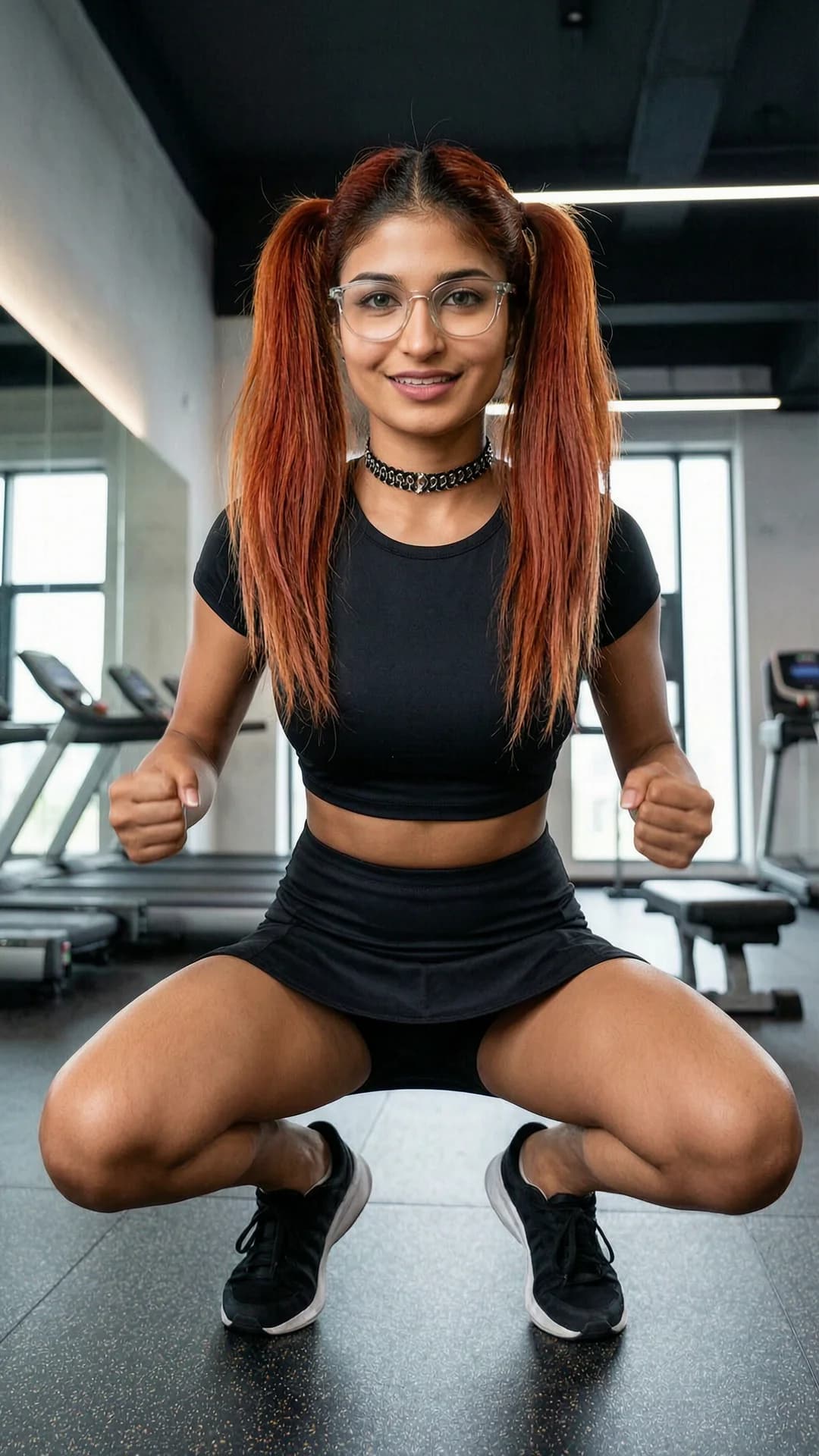 A 24-year-old skinny Indian woman with red pigtails, green eyes, wearing stylish glasses and a fashionable choker, dressed in a short black tennis skirt and tight crop top shirt, squatting in an athletic pose while working out at a modern fitness gym, full body shot from a low front angle POV, intense direct eye contact with the viewer and a warm playful smile, lips slightly parted, relaxed athletic stance with knees bent and back straight, dynamic gym lighting with soft shadows highlighting her toned physique, realistic style, Flawless anatomy, no extra digits, no extra limbs, realistic skin texture, high-detail.