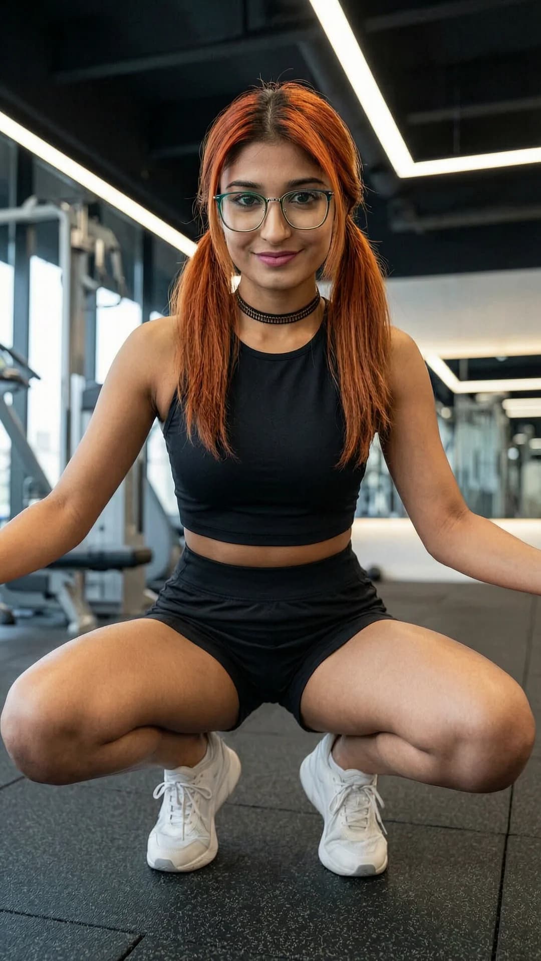 A 24-year-old skinny Indian woman with red pigtails, green eyes, wearing stylish glasses and a fashionable choker, dressed in a short black tennis skirt and tight crop top shirt, squatting in an athletic pose while working out at a modern fitness gym, full body shot from a low front angle POV, intense direct eye contact with the viewer and a warm playful smile, lips slightly parted, relaxed athletic stance with knees bent and back straight, dynamic gym lighting with soft shadows highlighting her toned physique, realistic style, Flawless anatomy, no extra digits, no extra limbs, realistic skin texture, high-detail.