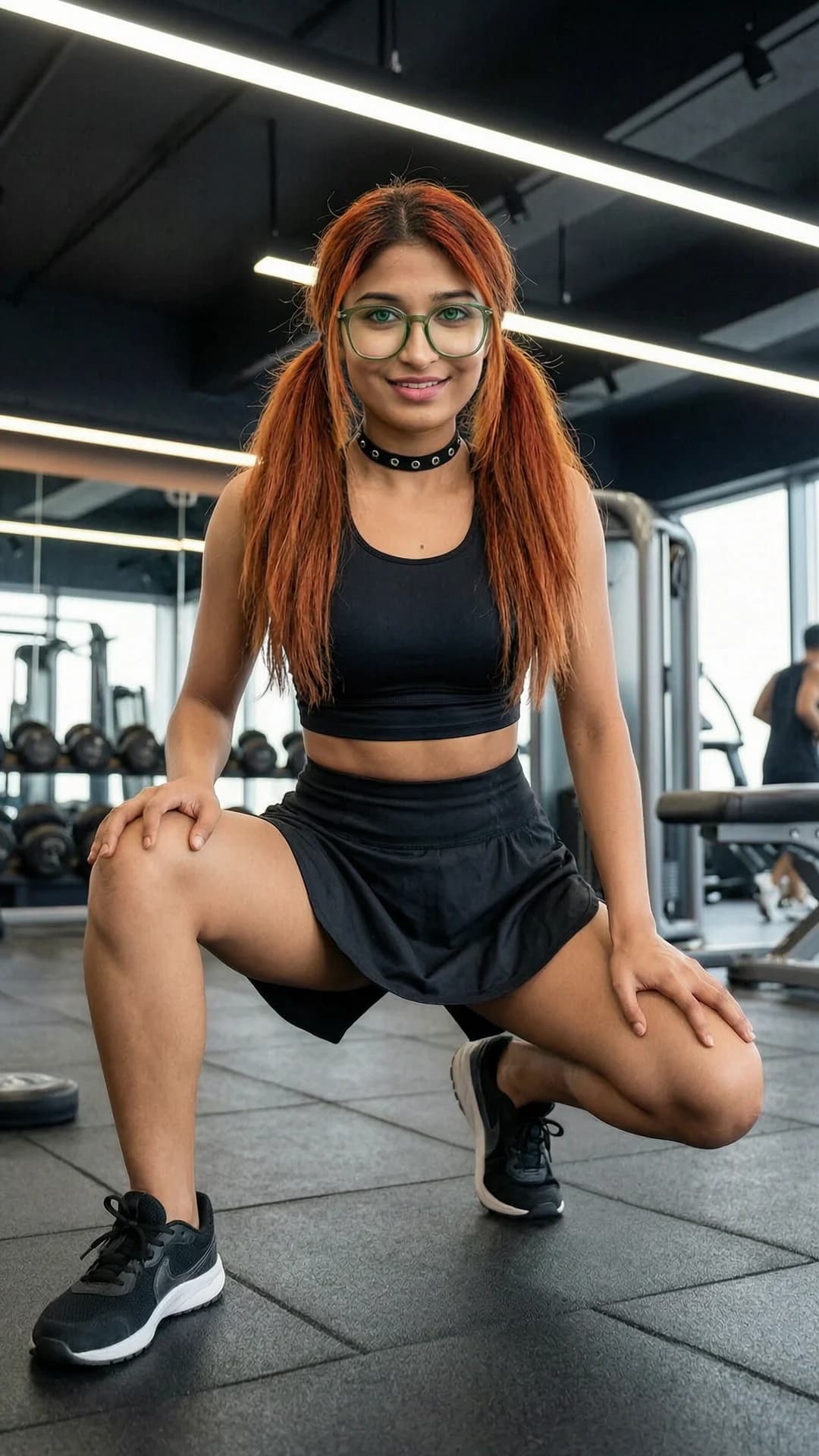 A 24-year-old skinny Indian woman with red pigtails, green eyes, wearing stylish glasses and a fashionable choker, dressed in a short black tennis skirt and tight crop top shirt, squatting in an athletic pose while working out at a modern fitness gym, full body shot from a low front angle POV, intense direct eye contact with the viewer and a warm playful smile, lips slightly parted, relaxed athletic stance with knees bent and back straight, dynamic gym lighting with soft shadows highlighting her toned physique, realistic style, Flawless anatomy, no extra digits, no extra limbs, realistic skin texture, high-detail.