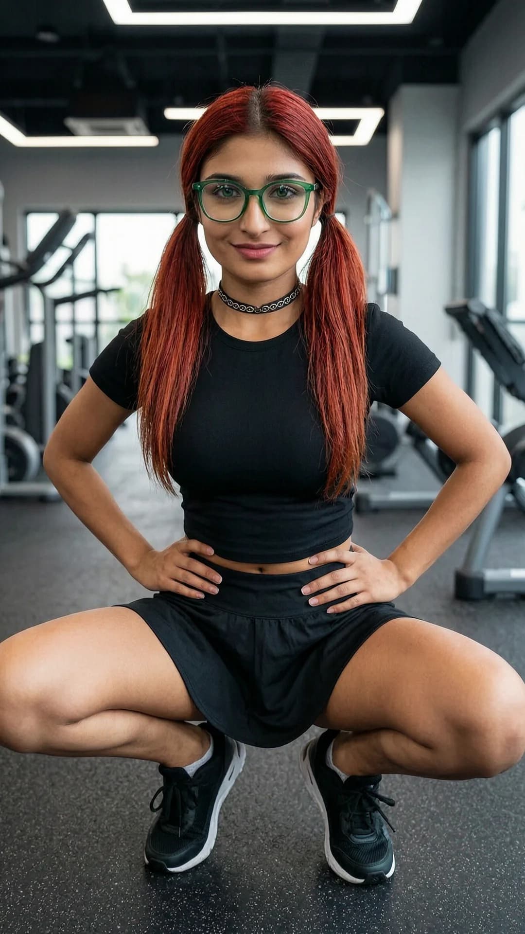 A 24-year-old skinny Indian woman with red pigtails, green eyes, wearing stylish glasses and a fashionable choker, dressed in a short black tennis skirt and tight crop top shirt, squatting in an athletic pose while working out at a modern fitness gym, full body shot from a low front angle POV, intense direct eye contact with the viewer and a warm playful smile, lips slightly parted, relaxed athletic stance with knees bent and back straight, dynamic gym lighting with soft shadows highlighting her toned physique, realistic style, Flawless anatomy, no extra digits, no extra limbs, realistic skin texture, high-detail.
