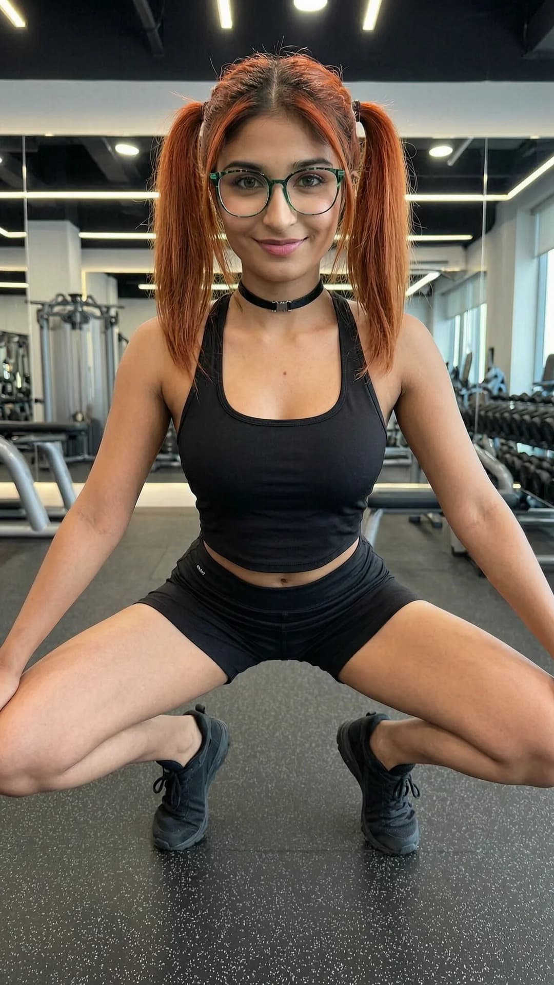 A 24-year-old skinny Indian woman with red pigtails, green eyes, wearing stylish glasses and a fashionable choker, dressed in a short black tennis skirt and tight crop top shirt, squatting in an athletic pose while working out at a modern fitness gym, full body shot from a low front angle POV, intense direct eye contact with the viewer and a warm playful smile, lips slightly parted, relaxed athletic stance with knees bent and back straight, dynamic gym lighting with soft shadows highlighting her toned physique, realistic style, Flawless anatomy, no extra digits, no extra limbs, realistic skin texture, high-detail.