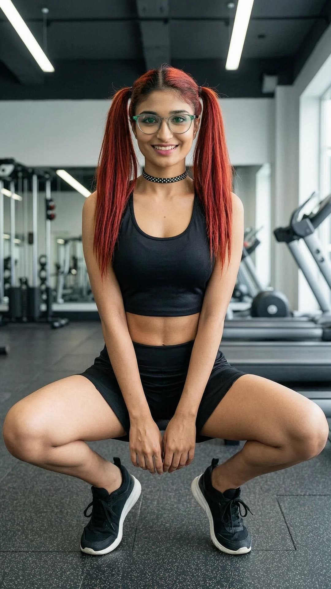 A 24-year-old Indian woman with skinny build, red pigtails, green eyes, stylish glasses and a fashionable choker, wearing a short black tennis skirt and tight crop top shirt, squatting in an athletic pose with knees bent and thighs flexed at a modern fitness gym, full body frontal shot from eye-level angle, direct eye contact with the viewer and a bright smile, relaxed athletic activity with toned muscle tension and natural skin sheen, flawless anatomy, no extra digits, no extra limbs, realistic skin texture, high-detail.