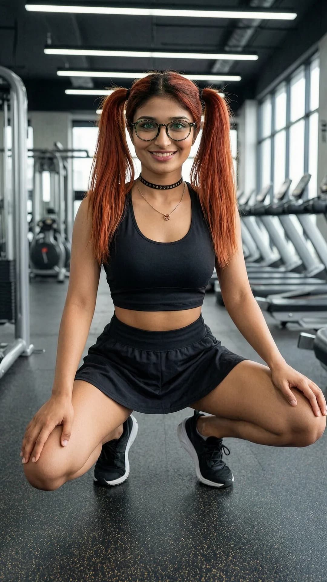 A 24-year-old Indian woman with skinny build, red pigtails, green eyes, stylish glasses and a fashionable choker, wearing a short black tennis skirt and tight crop top shirt, squatting in an athletic pose with knees bent and thighs flexed at a modern fitness gym, full body frontal shot from eye-level angle, direct eye contact with the viewer and a bright smile, relaxed athletic activity with toned muscle tension and natural skin sheen, flawless anatomy, no extra digits, no extra limbs, realistic skin texture, high-detail.
