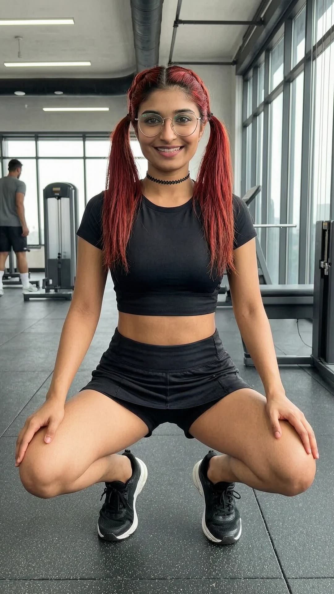 A 24-year-old Indian woman with skinny build, red pigtails, green eyes, stylish glasses and a fashionable choker, wearing a short black tennis skirt and tight crop top shirt, squatting in an athletic pose with knees bent and thighs flexed at a modern fitness gym, full body frontal shot from eye-level angle, direct eye contact with the viewer and a bright smile, relaxed athletic activity with toned muscle tension and natural skin sheen, flawless anatomy, no extra digits, no extra limbs, realistic skin texture, high-detail.