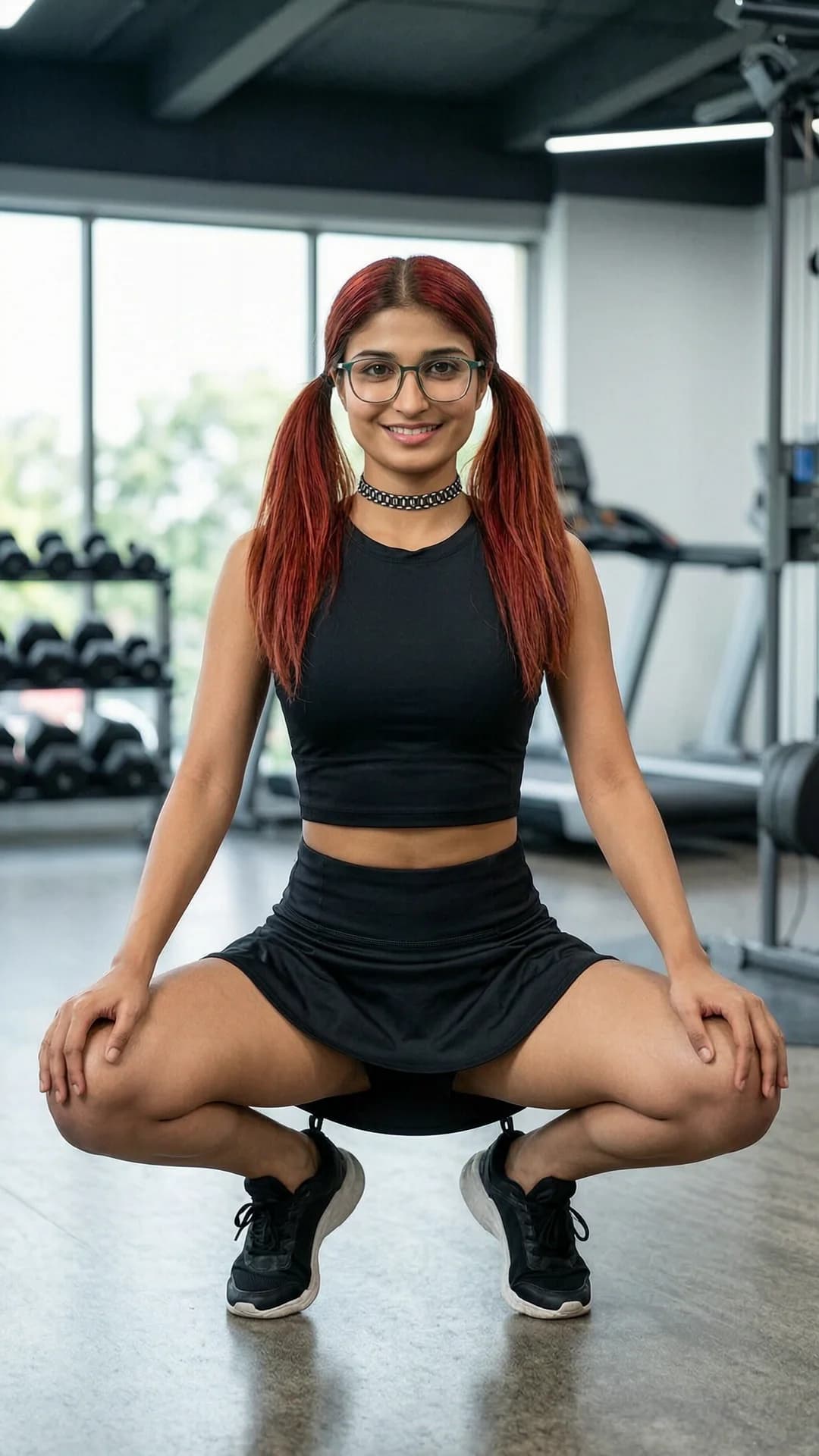 A 24-year-old Indian woman with skinny build, red pigtails, green eyes, stylish glasses and a fashionable choker, wearing a short black tennis skirt and tight crop top shirt, squatting in an athletic pose with knees bent and thighs flexed at a modern fitness gym, full body frontal shot from eye-level angle, direct eye contact with the viewer and a bright smile, relaxed athletic activity with toned muscle tension and natural skin sheen, flawless anatomy, no extra digits, no extra limbs, realistic skin texture, high-detail.