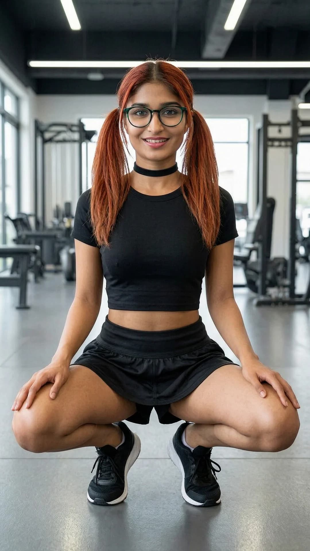 A 24-year-old Indian woman with skinny build, red pigtails, green eyes, stylish glasses and a fashionable choker, wearing a short black tennis skirt and tight crop top shirt, squatting in an athletic pose with knees bent and thighs flexed at a modern fitness gym, full body frontal shot from eye-level angle, direct eye contact with the viewer and a bright smile, relaxed athletic activity with toned muscle tension and natural skin sheen, flawless anatomy, no extra digits, no extra limbs, realistic skin texture, high-detail.