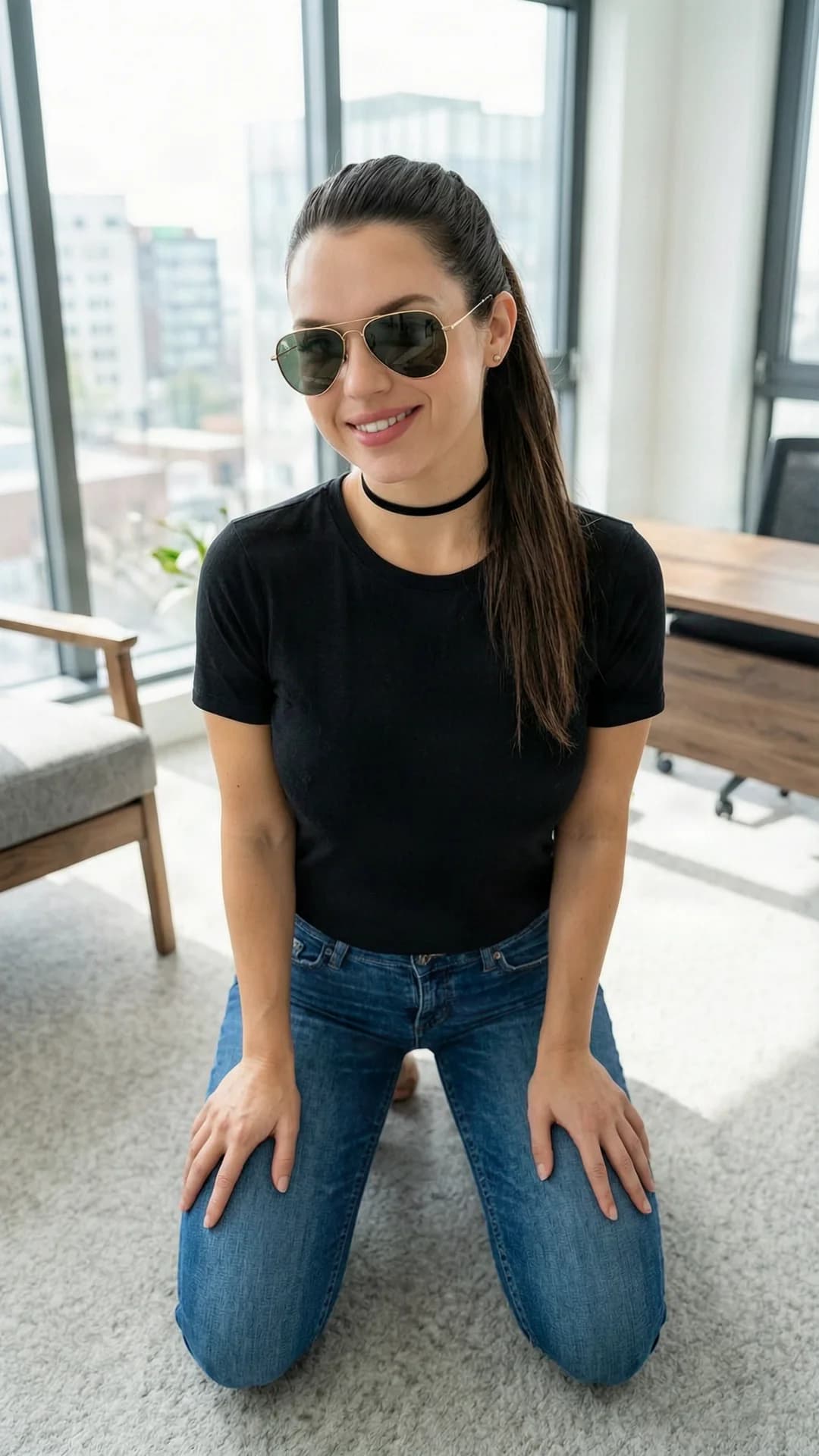 A 33-year-old Caucasian woman with blue eyes, skinny body type and brunette hair in a ponytail, captured in a medium close-up from a slightly elevated standing POV looking down, kneeling elegantly on both knees in a modern office setting with large windows and sleek furniture, wearing fitted blue jeans, a fashionable choker and aviator sunglasses, posing with upright elegant posture and hands resting gracefully on her thighs, smiling warmly at the viewer with direct eye contact and joyful expression, soft natural daylight illuminating her face and skin, confident and professional mood, realistic style, Flawless anatomy, no extra digits, no extra limbs, realistic skin texture, high-detail.
