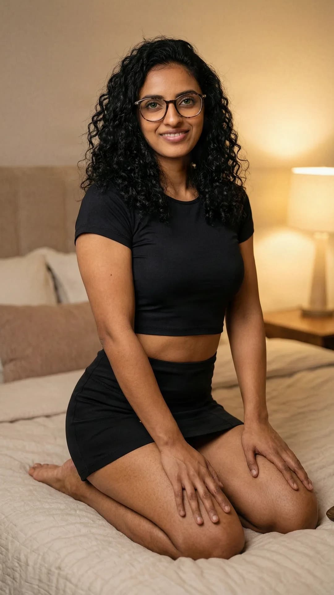 30-year-old Indian woman with muscular build, curly black hair, green eyes and stylish glasses, kneeling elegantly on the bed in a cozy bedroom setting with soft warm lighting, wearing a short black tennis skirt and a fitted crop top shirt, portrait composition, medium close-up from a straight-on eye-level camera angle, elegant kneeling pose with hands resting gracefully on her thighs, looking directly at the viewer with a warm genuine smile and friendly eye contact, flawless anatomy, no extra digits, no extra limbs, realistic skin texture, high-detail.